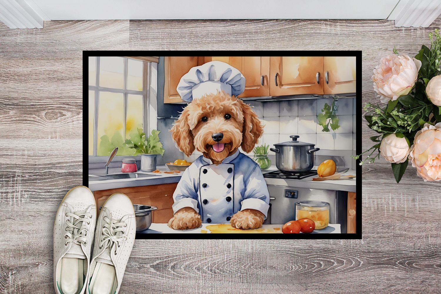 Goldendoodle The Chef Doormat Front Door Mat Indoor Outdoor Rugs for Entryway, Non Slip Washable Low Pile, 24H X 36W