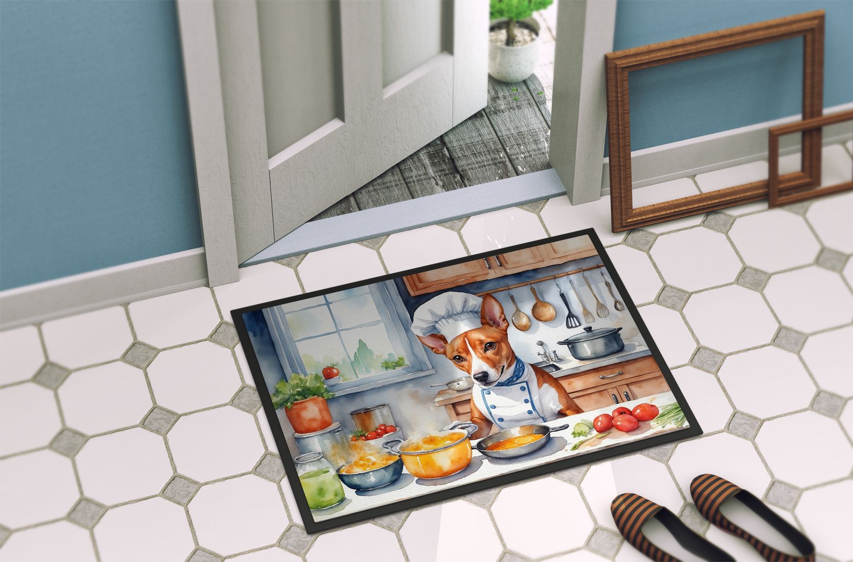Basenji The Chef Doormat Front Door Mat Indoor Outdoor Rugs for Entryway, Non Slip Washable Low Pile, 24H X 36W