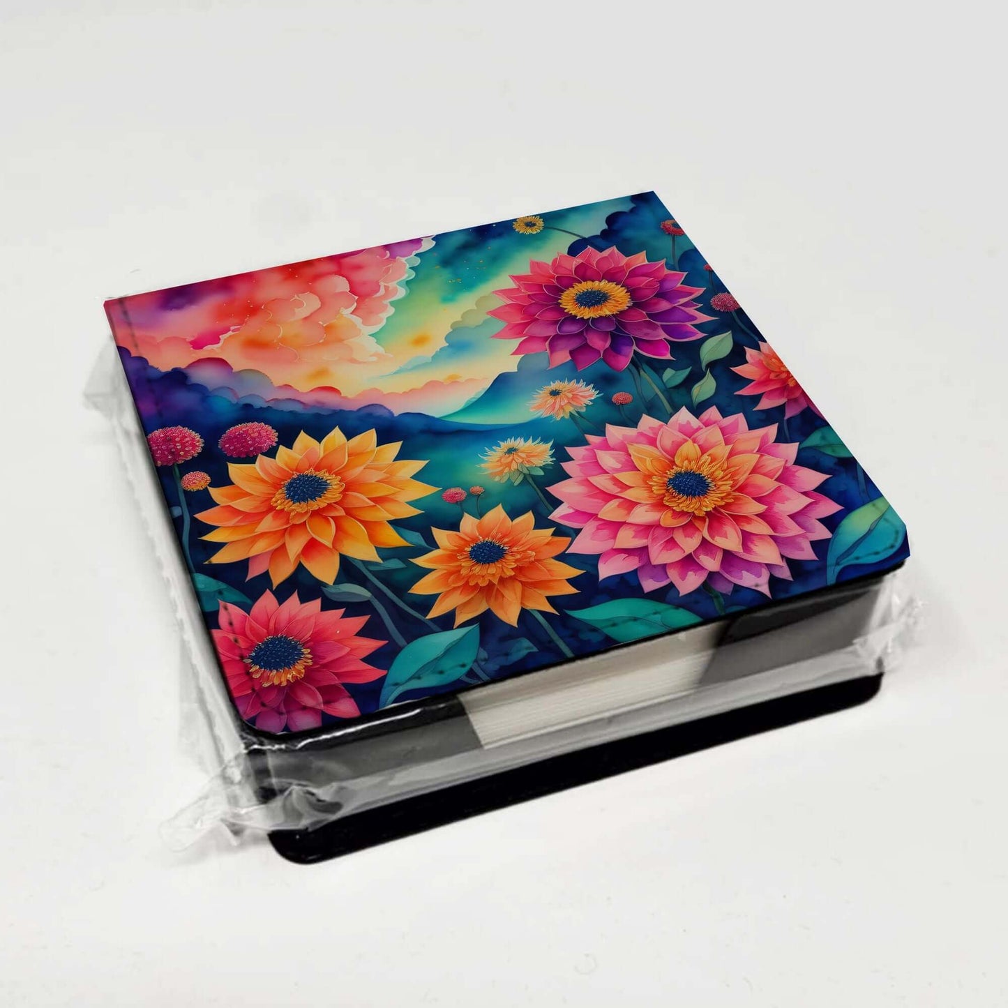 Colorful Dahlias PU Leather Note Paper Holder with Artist-Designed Cover, Desk Accessory, Office Gift