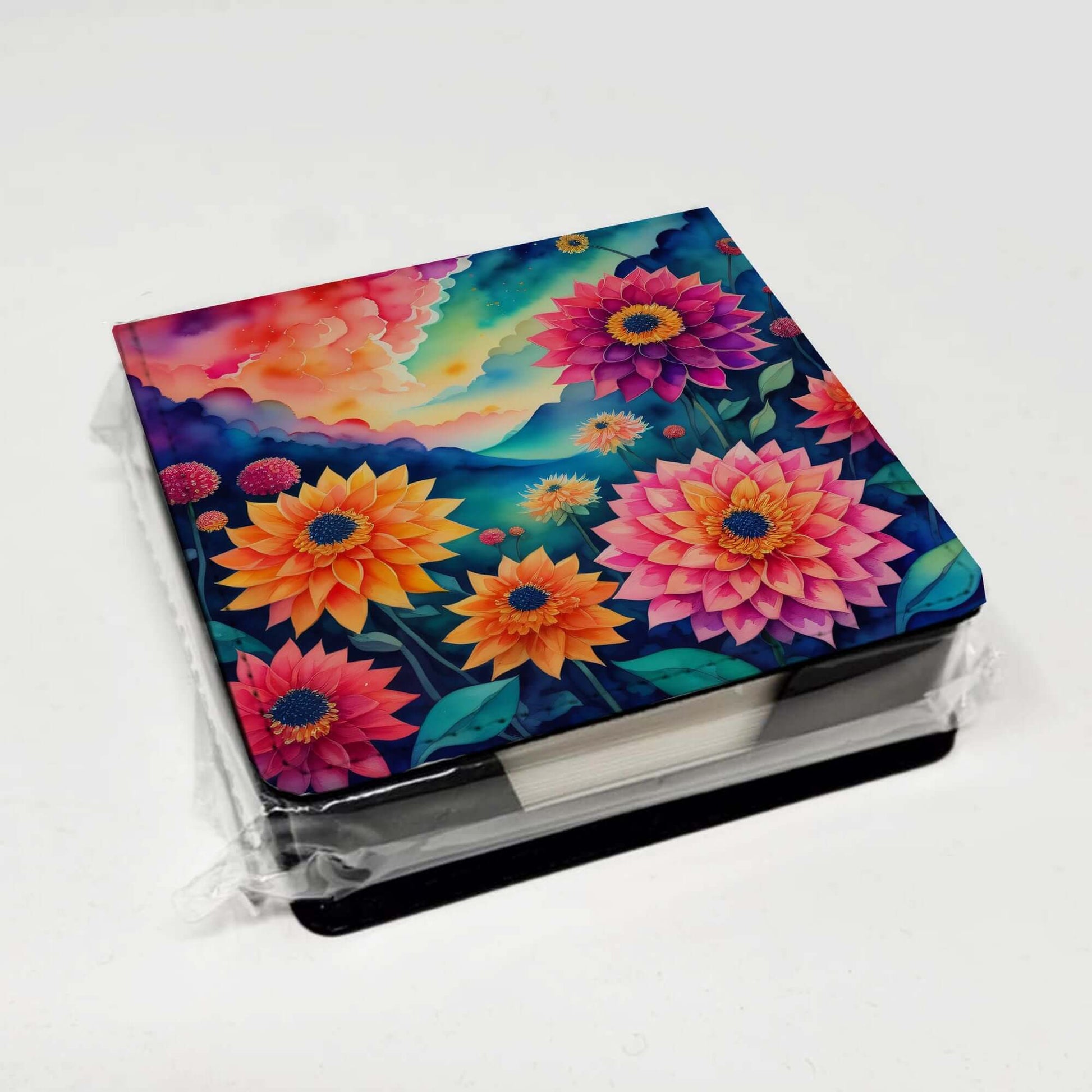 Colorful Dahlias PU Leather Note Paper Holder with Artist-Designed Cover, Desk Accessory, Office Gift