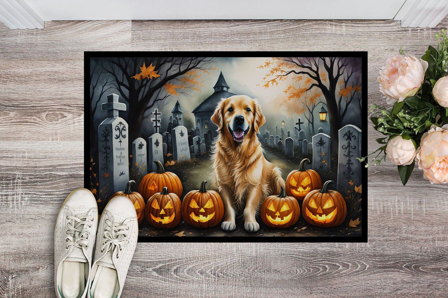 Golden Retriever Spooky Halloween Doormat Front Door Mat Indoor Outdoor Rugs for Entryway, Non Slip Washable Low Pile, 24H X 36W