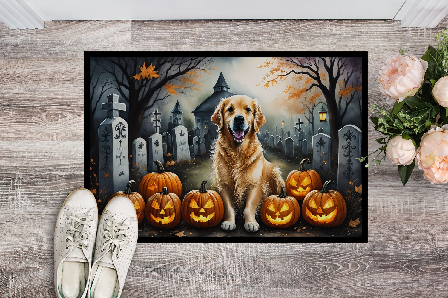 Golden Retriever Spooky Halloween Doormat Front Door Mat Indoor Outdoor Rugs for Entryway, Non Slip Washable Low Pile, 24H X 36W