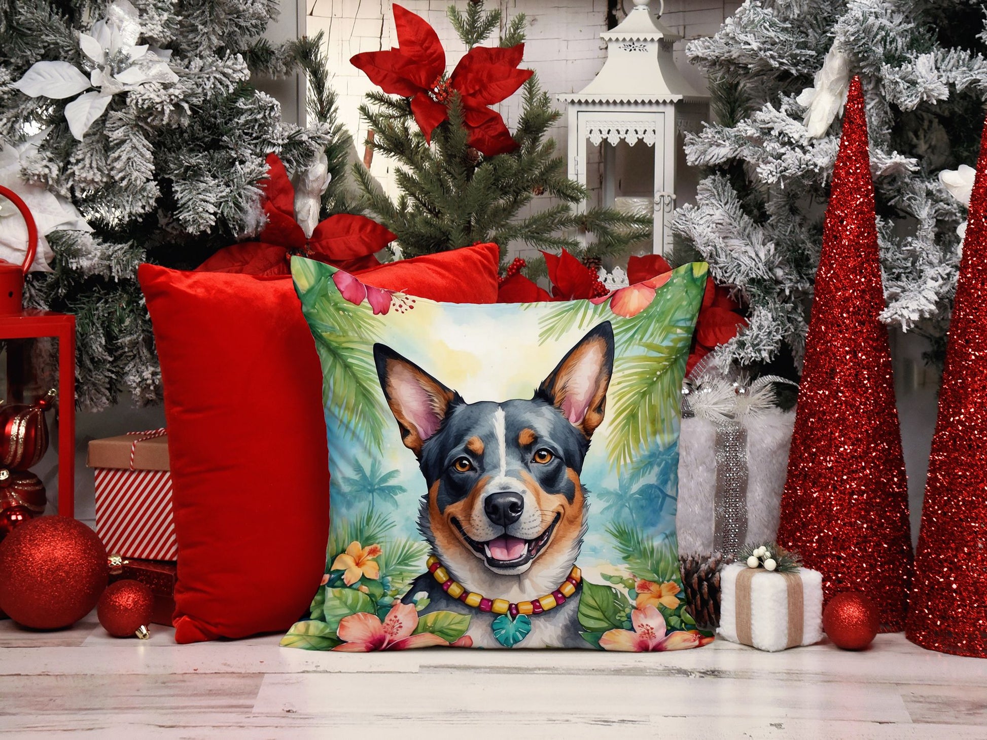 Australian Cattle Dog Luau Throw Pillow Machine Washable, Indoor Outdoor Decorative Pillow for Couch, Bed or Patio, 14Hx14W