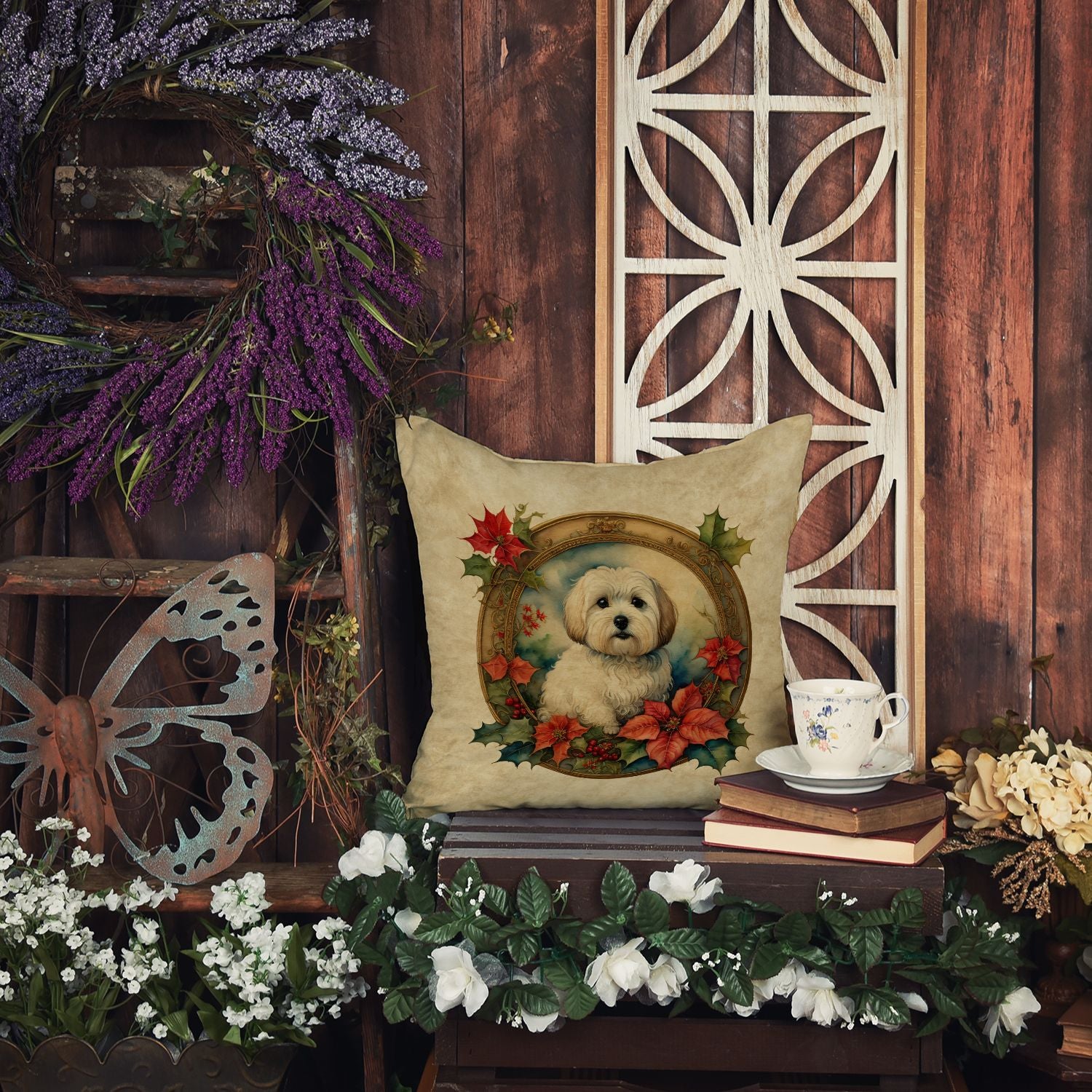 Coton De Tulear Christmas Flowers Throw Pillow Machine Washable, Indoor Outdoor Decorative Pillow for Couch, Bed or Patio, 18Hx18W