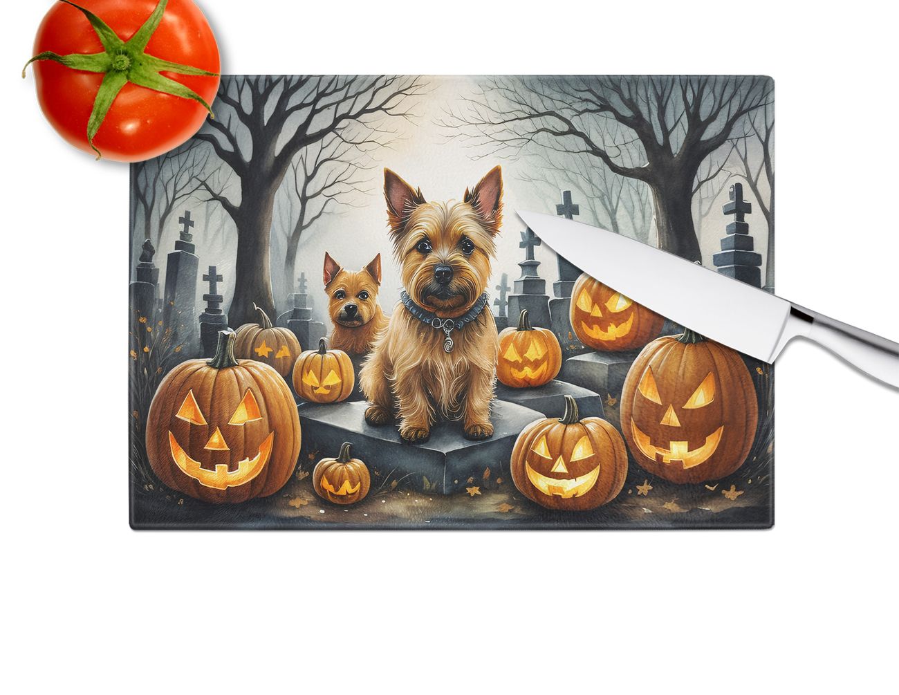 NEW Norwich Terrier Spooky Halloween Glass Cutting Board Decorative Tempered Glass Kitchen Cutting and Serving Board Large Size Chopping Board