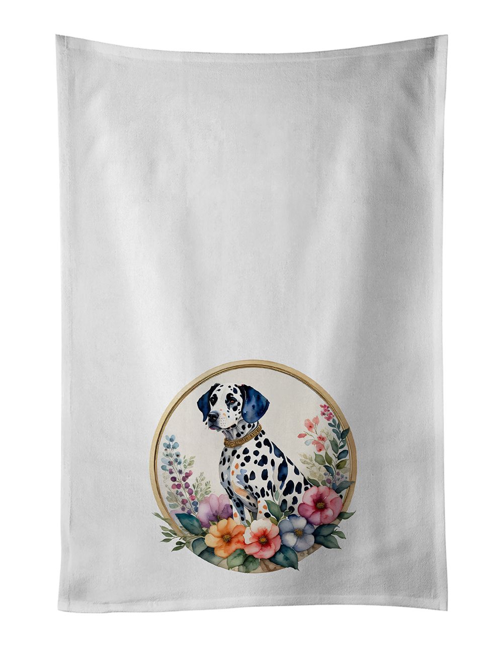 Dalmatian and Flowers Kitchen Towel Set of 2 White Dish Towels Decorative Bathroom Hand towel for Hand, Face, Hair, Yoga, Tea, Dishcloth, 19 X 28", White