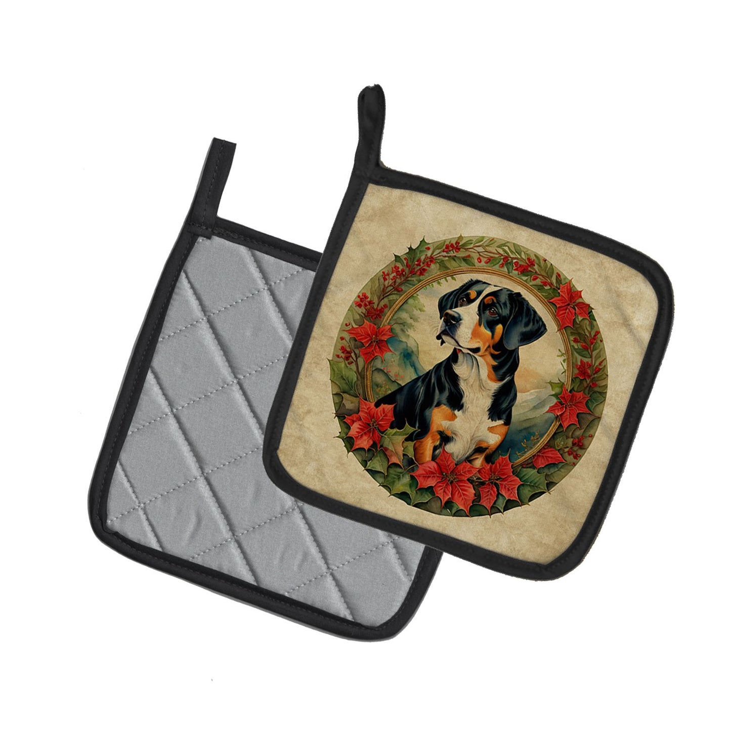 Entlebucher Mountain Dog Christmas Flowers Pair of Pot Holders Kitchen Heat Resistant Pot Holders Sets Oven Hot Pads for Cooking Baking BBQ, 7 1/2 x 7 1/2
