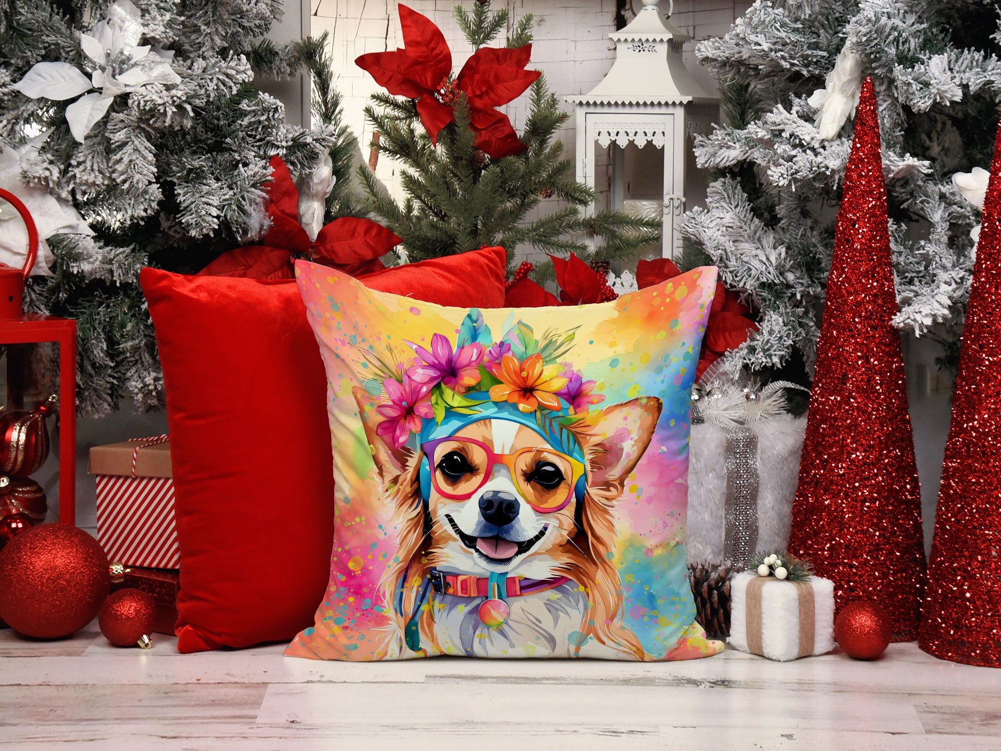 Chihuahua Hippie Dawg Throw Pillow Machine Washable, Indoor Outdoor Decorative Pillow for Couch, Bed or Patio, 14Hx14W