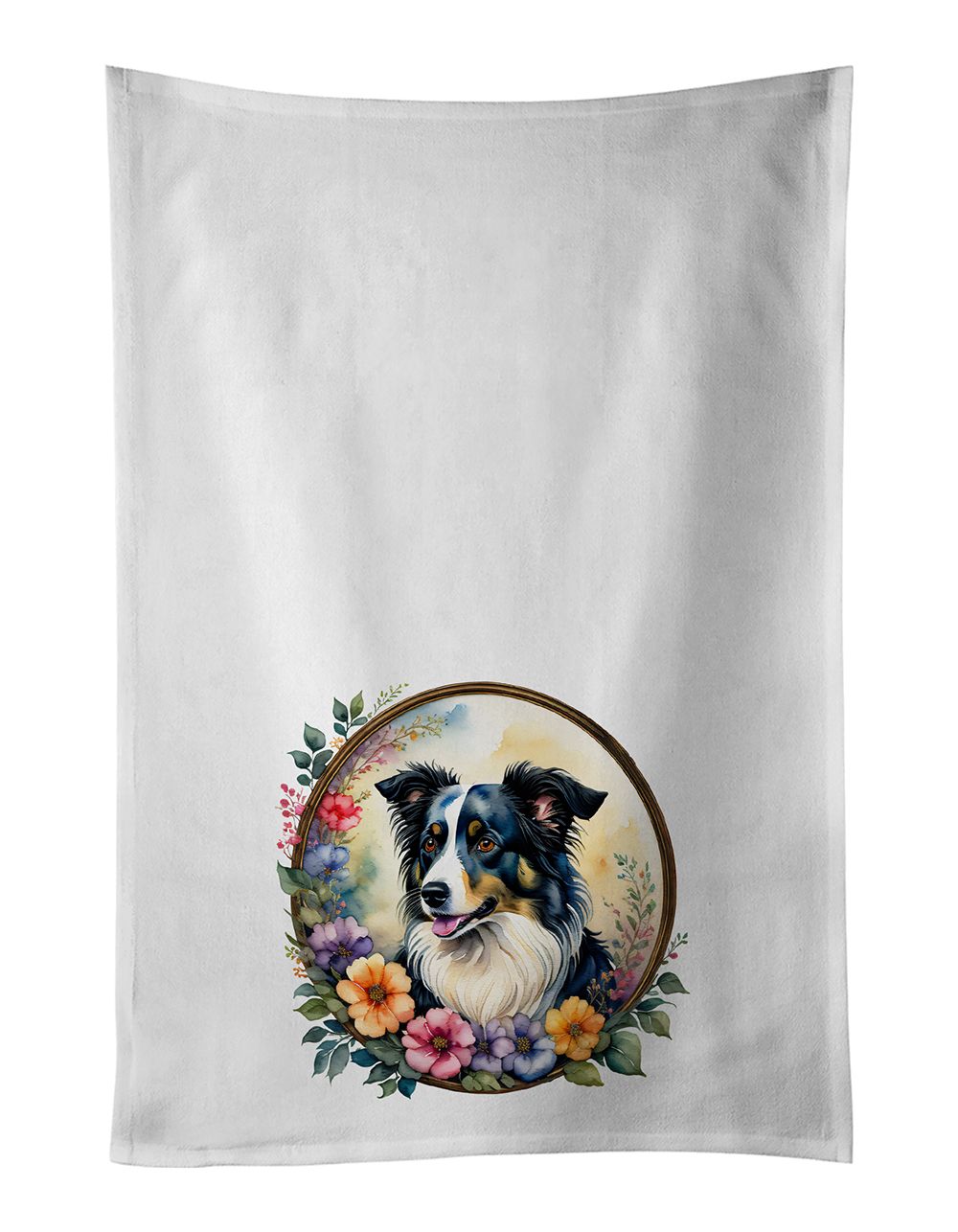 Border Collie and Flowers Kitchen Towel Set of 2 White Dish Towels Decorative Bathroom Hand towel for Hand, Face, Hair, Yoga, Tea, Dishcloth, 19 X 28", White