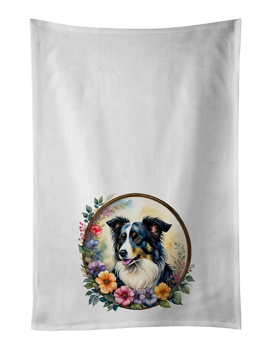 Border Collie and Flowers Kitchen Towel Set of 2 White Dish Towels Decorative Bathroom Hand towel for Hand, Face, Hair, Yoga, Tea, Dishcloth, 19 X 28", White