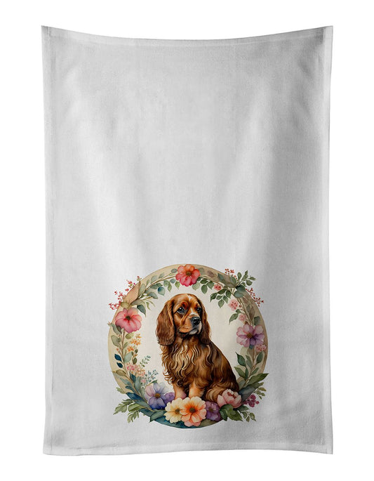 Sussex Spaniel and Flowers Kitchen Towel Set of 2 White Dish Towels Decorative Bathroom Hand towel for Hand, Face, Hair, Yoga, Tea, Dishcloth, 19 X 28", White