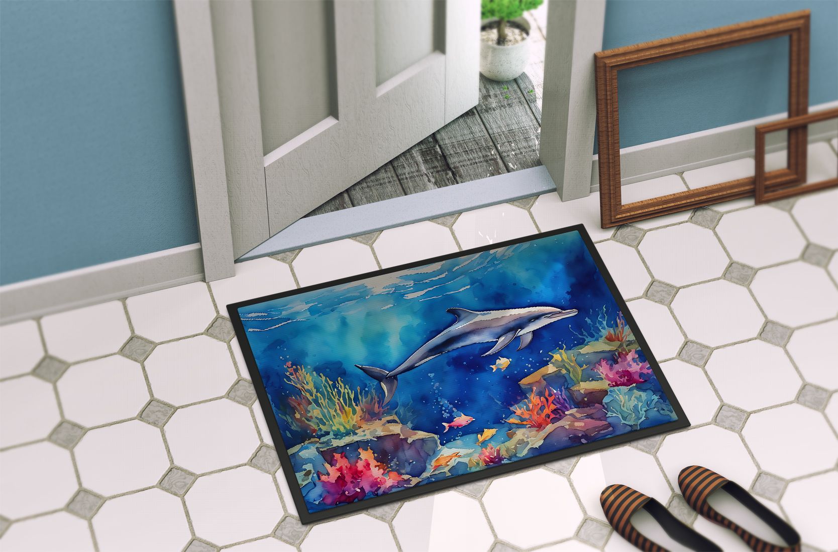 NEW Dolphin Doormat Front Door Mat Indoor Outdoor Rugs for Entryway, Non Slip Washable Low Pile, 18H X 27W
