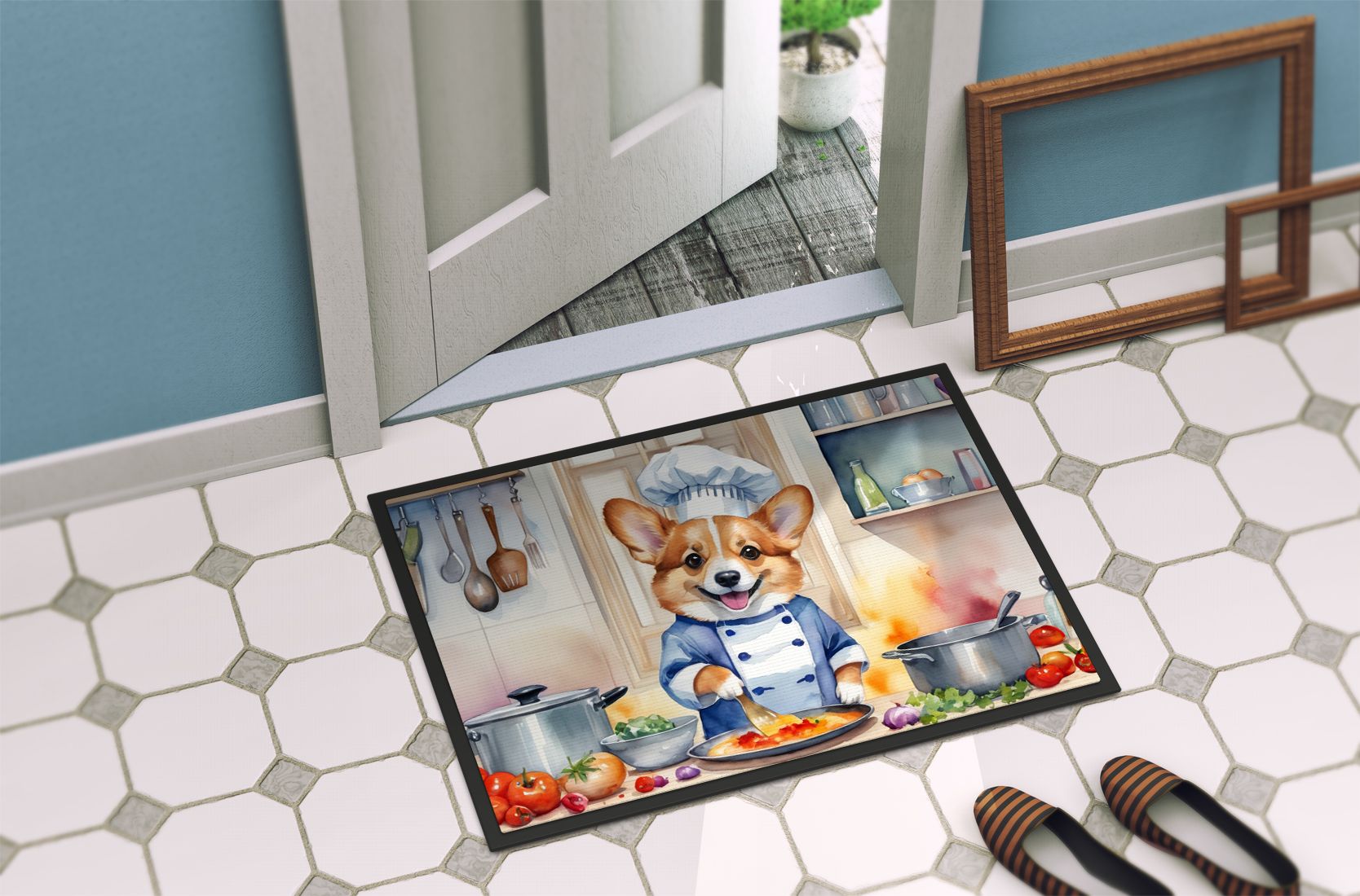 Corgi The Chef Doormat Front Door Mat Indoor Outdoor Rugs for Entryway, Non Slip Washable Low Pile, 24H X 36W