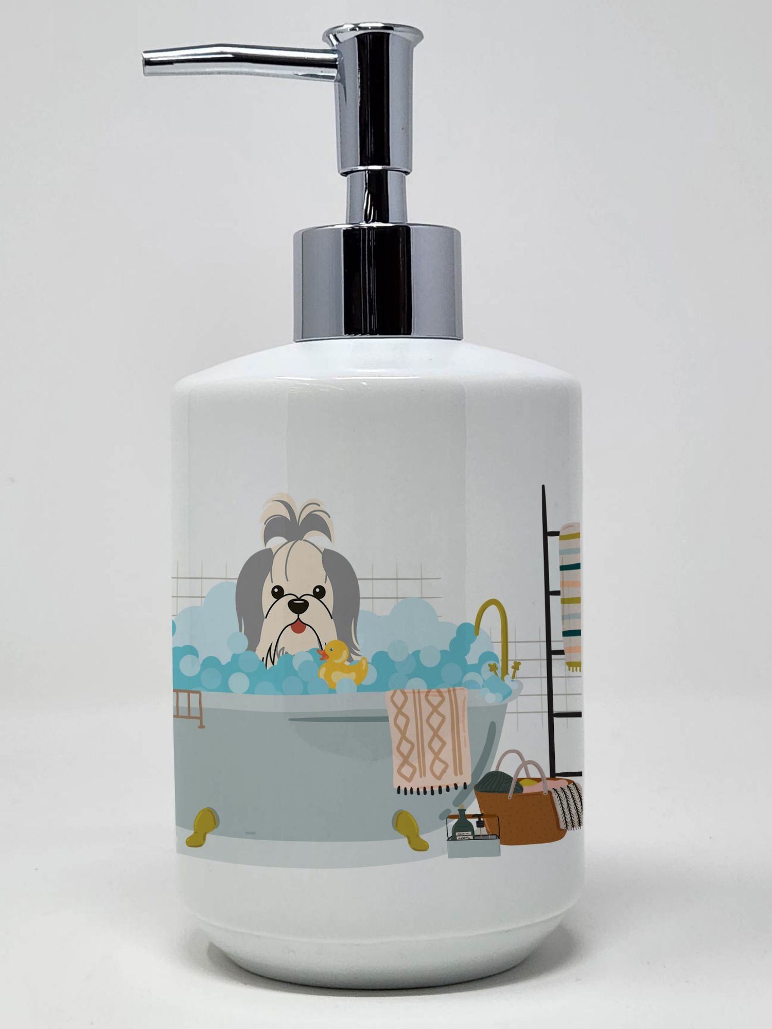 Silver White Shih Tzu in Bathtub Ceramic Soap Dispenser Hand Soap Dispenser Pump Bottles for Bathroom Kitchen, Empty Refillable Liquid Soap Container