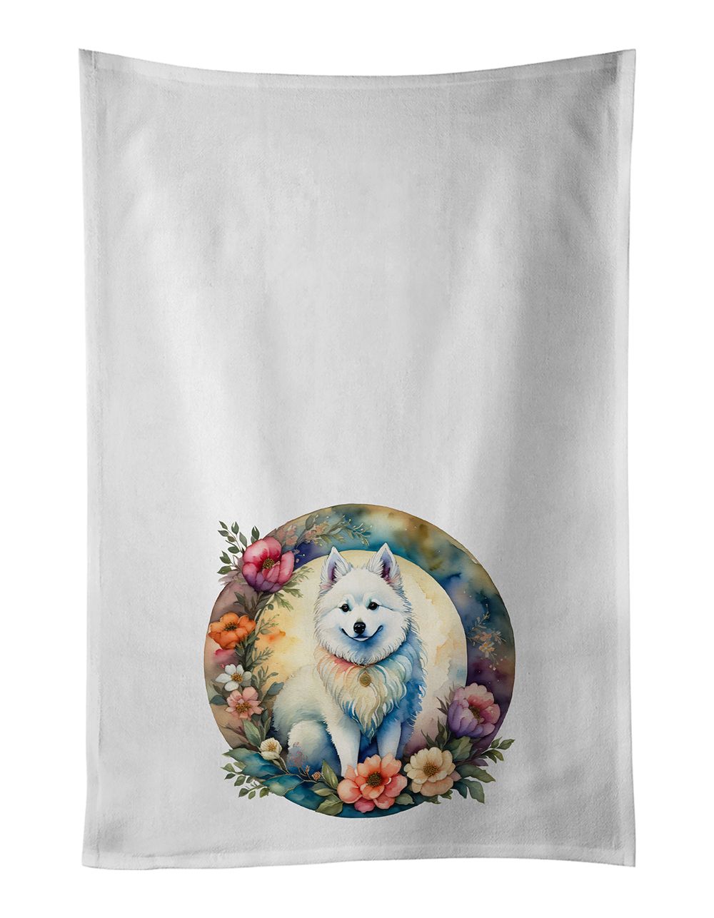 American Eskimo and Flowers Kitchen Towel Set of 2 White Dish Towels Decorative Bathroom Hand towel for Hand, Face, Hair, Yoga, Tea, Dishcloth, 19 X 28", White
