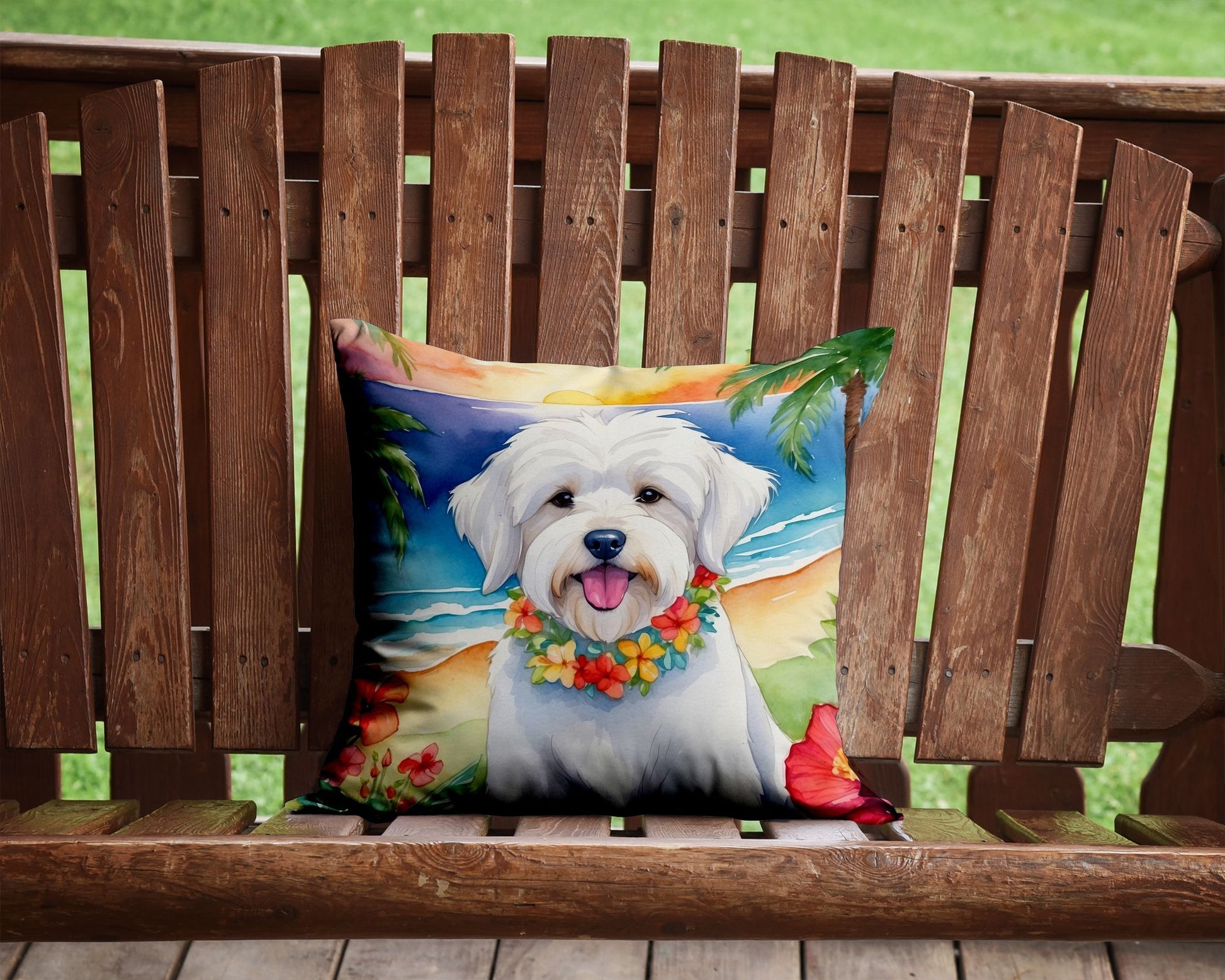 Coton de Tulear Luau Throw Pillow Machine Washable, Indoor Outdoor Decorative Pillow for Couch, Bed or Patio, 14Hx14W