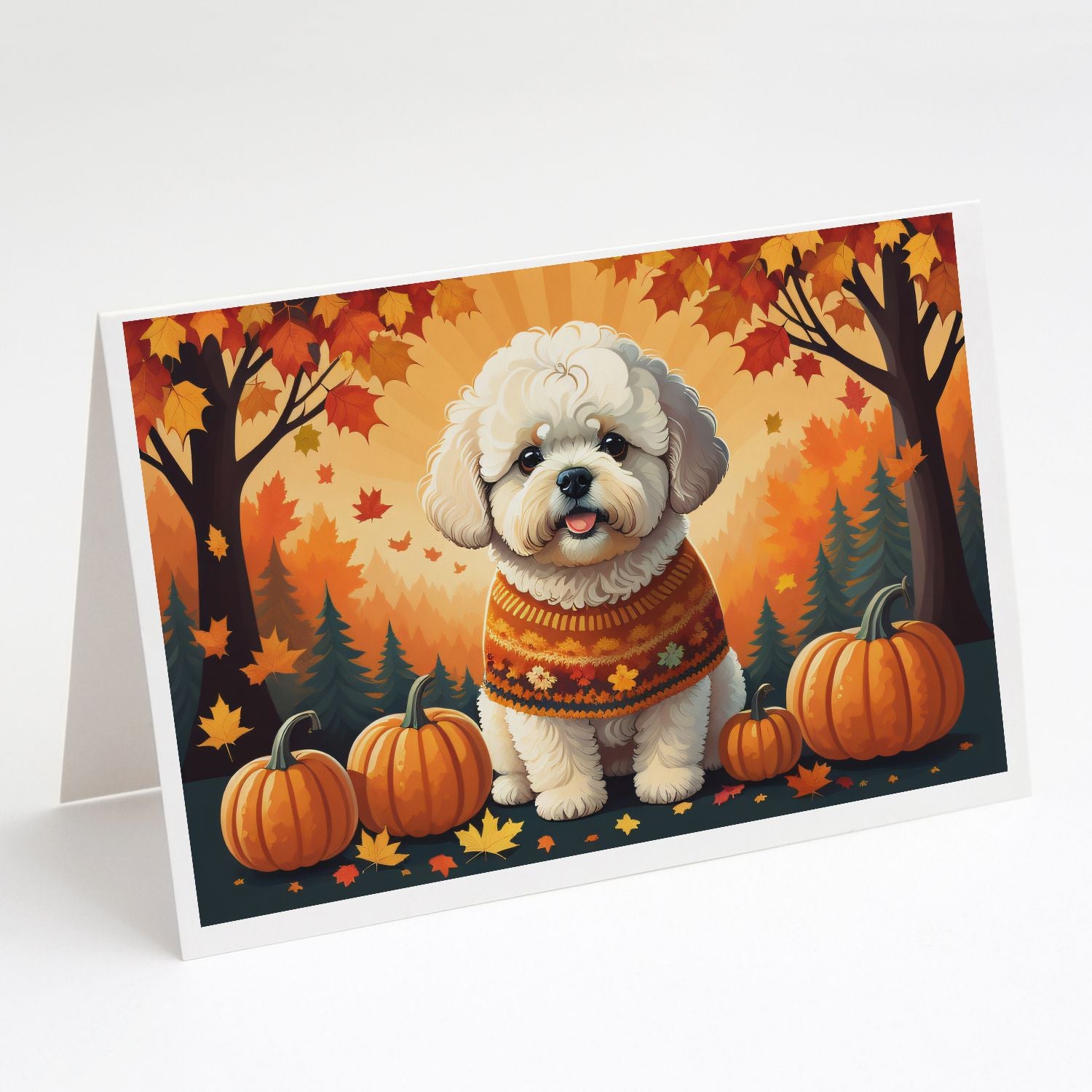 Bichon Frise Fall Greeting Cards Pack of 8 Blank Cards with Envelopes Whimsical A7 Size 5x7 Blank Note Cards
