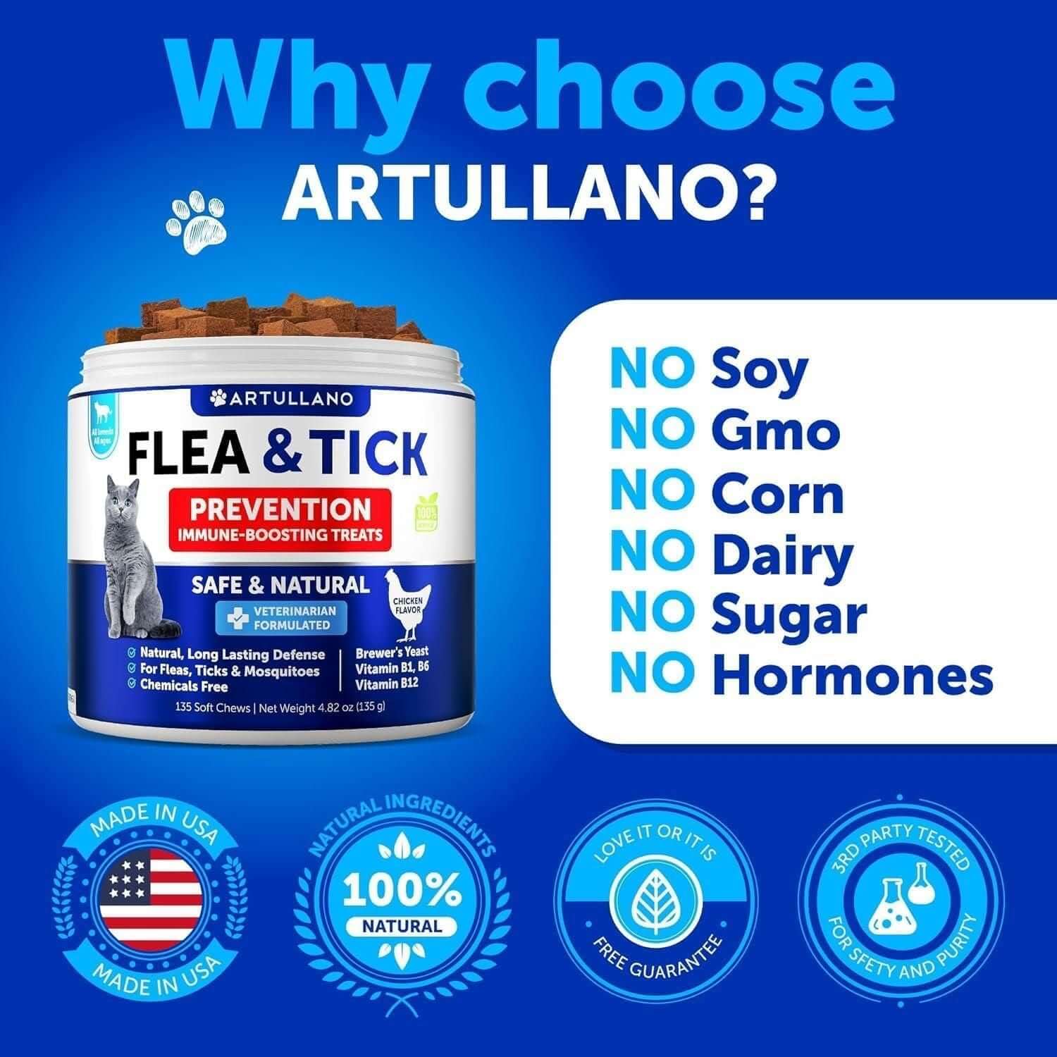 Flea Treatment for Cats Natural Flea and Tick Prevention Supplement for Cats Kittens Chewable Daily Oral Pills with Vitamins 135 Soft Chews Skin & Coat Dental treats Digestion