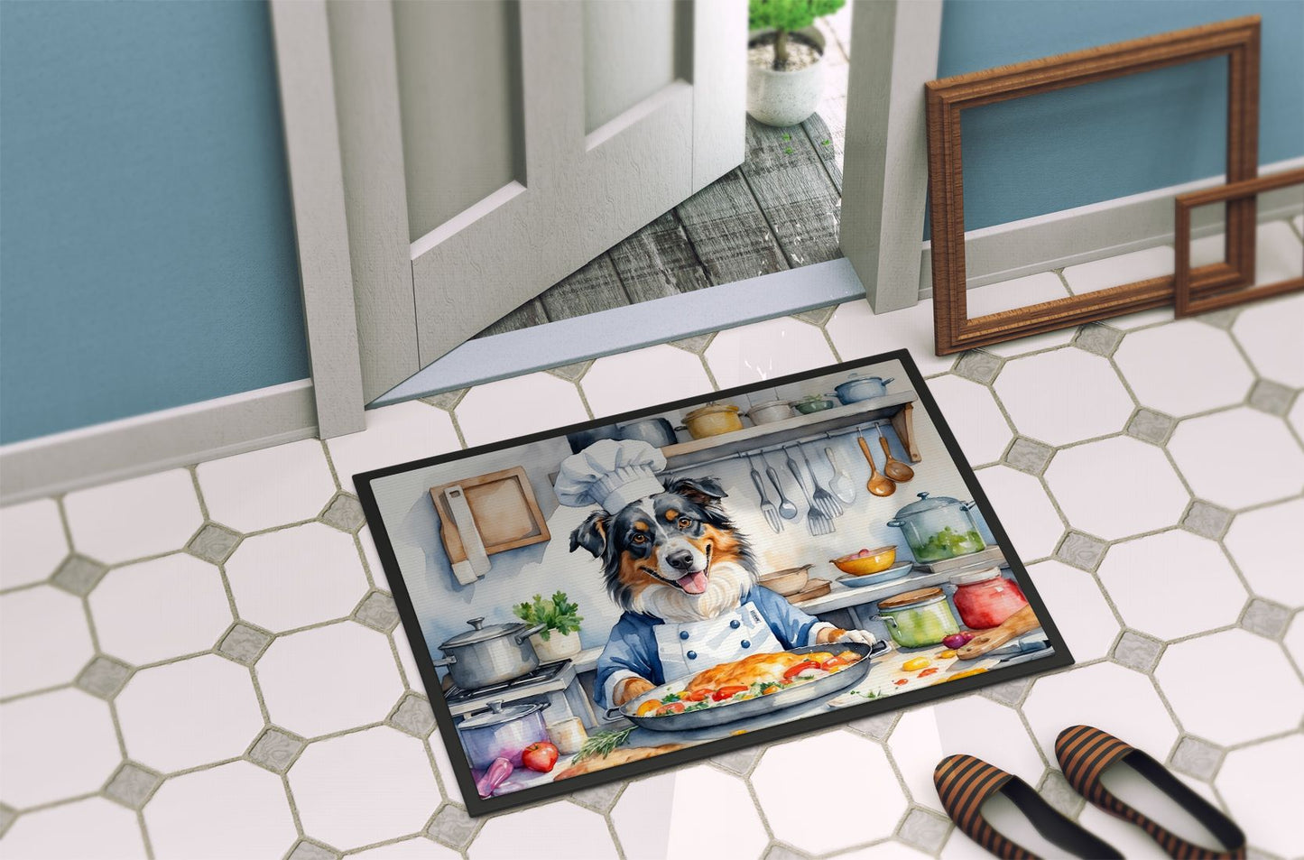 Australian Shepherd The Chef Doormat Front Door Mat Indoor Outdoor Rugs for Entryway, Non Slip Washable Low Pile, 24H X 36W