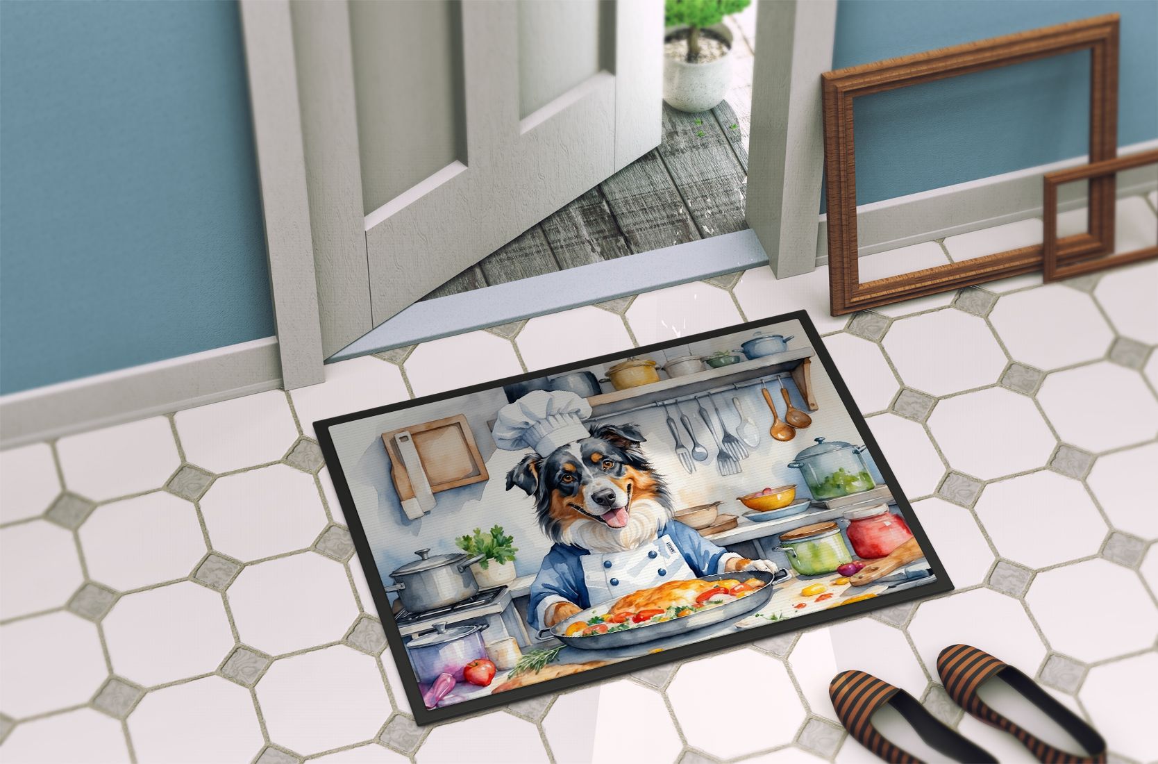 Australian Shepherd The Chef Doormat Front Door Mat Indoor Outdoor Rugs for Entryway, Non Slip Washable Low Pile, 24H X 36W