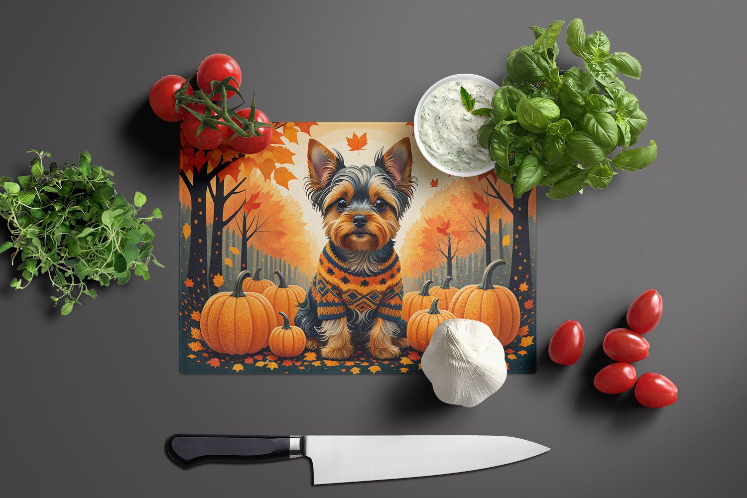 NEW Yorkshire Terrier Fall Glass Cutting Board Decorative Tempered Glass Kitchen Cutting and Serving Board Large Size Chopping Board