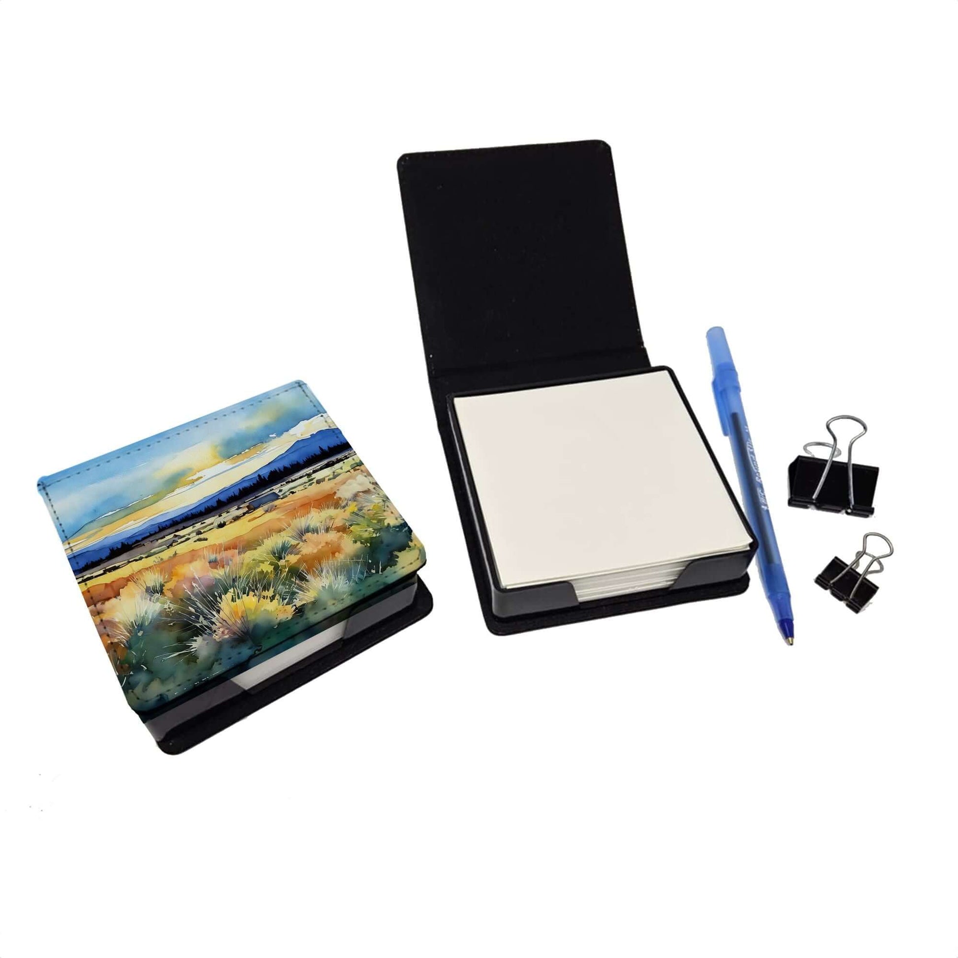 Nevada Sagebrush in Watercolor PU Leather Note Paper Holder with Artist-Designed Cover, Desk Accessory, Office Gift