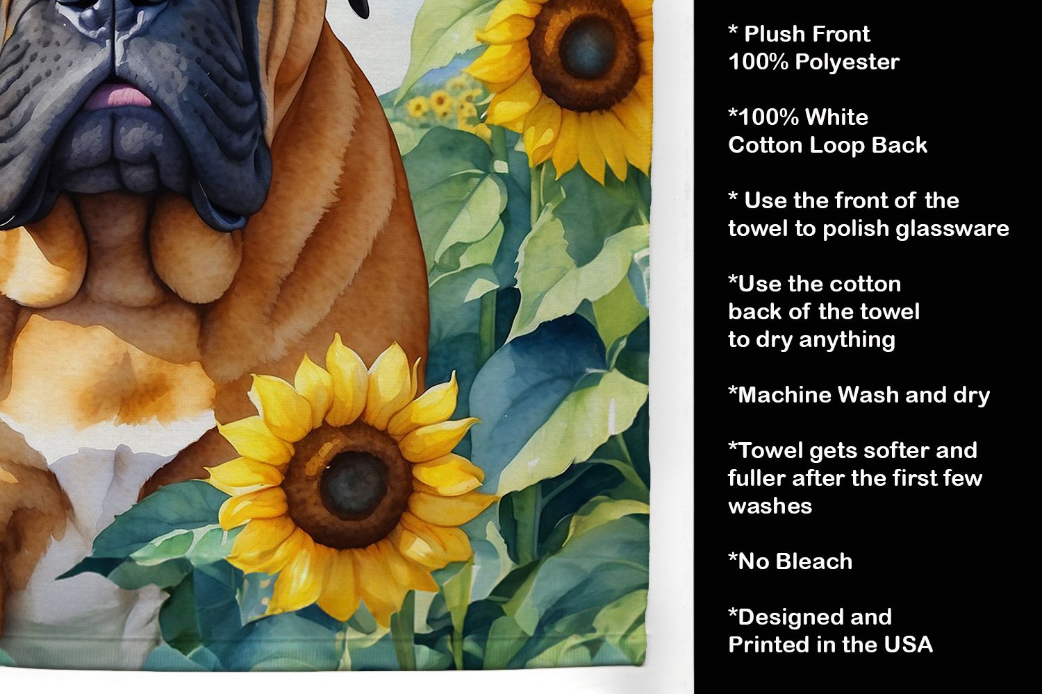 Bullmastiff in Sunflowers Kitchen Towel Dish Cloths Guest Hand Towel Decorative Bathroom Towel for Face,Tea, Dishcloth, Kitchen and Bath