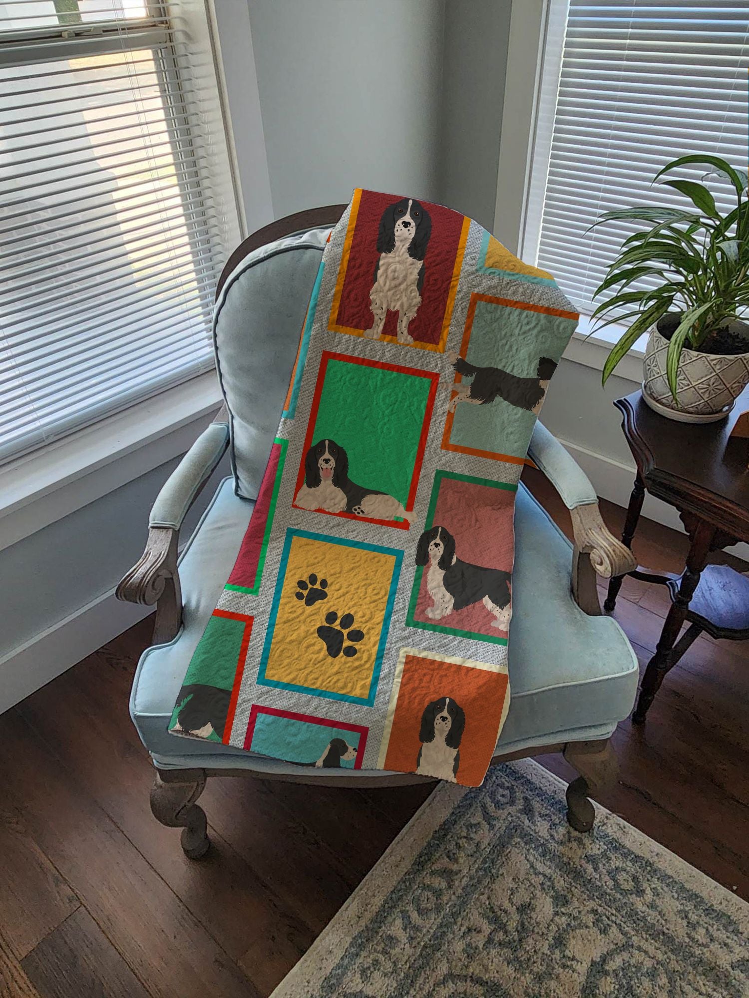 Lots of Black and White English Springer Spaniel Quilted Blanket 50x60 Artwork Pattern Quilted Throw Blanket for Bed, Couch, Sofa, Soft and Lightweight