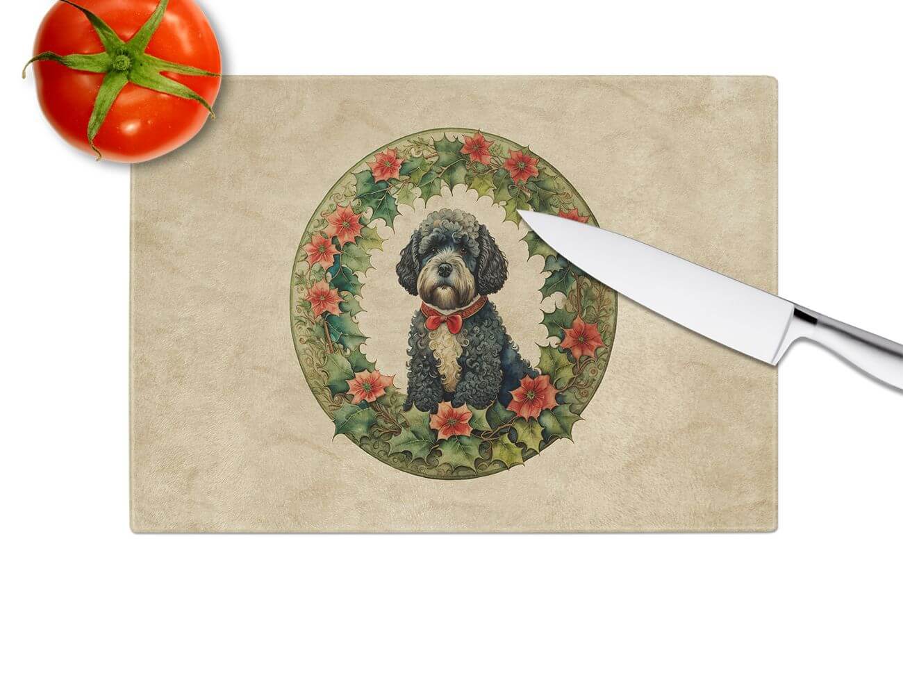 NEW Portuguese Water Dog Christmas Flowers Glass Cutting Board Decorative Tempered Glass Kitchen Cutting and Serving Board Large Size Chopping Board
