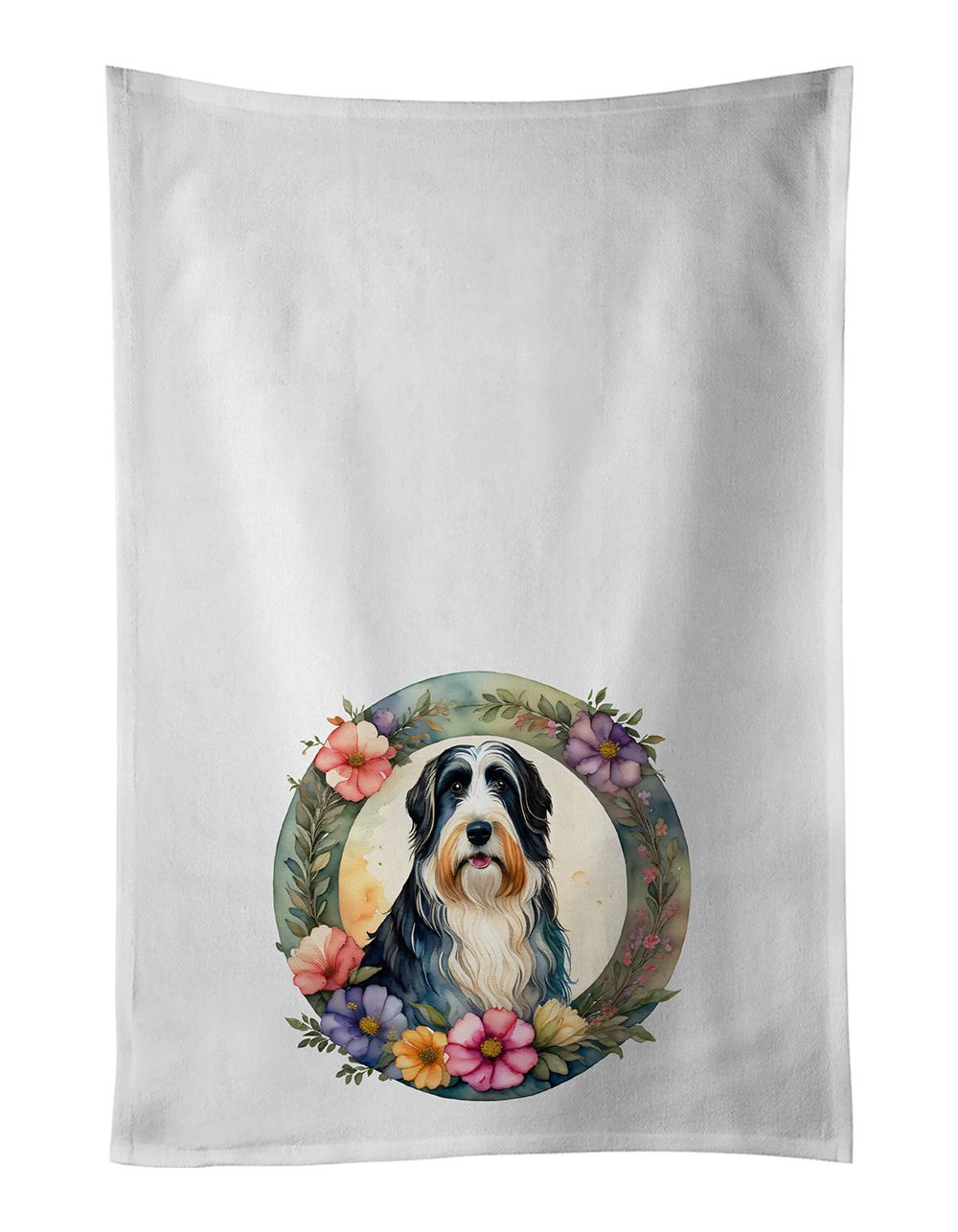 Bearded Collie and Flowers Kitchen Towel Set of 2 White Dish Towels Decorative Bathroom Hand towel for Hand, Face, Hair, Yoga, Tea, Dishcloth, 19 X 28", White