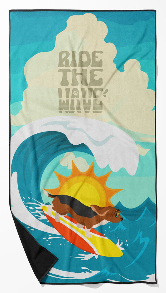 Surfer Dog Tricolor Basset Hound Premium Beach Towel Oversized Towel Beach Blanket, Pool, Beach Essentials, Yoga, Premium Bath Towel, Quick Dry Plush