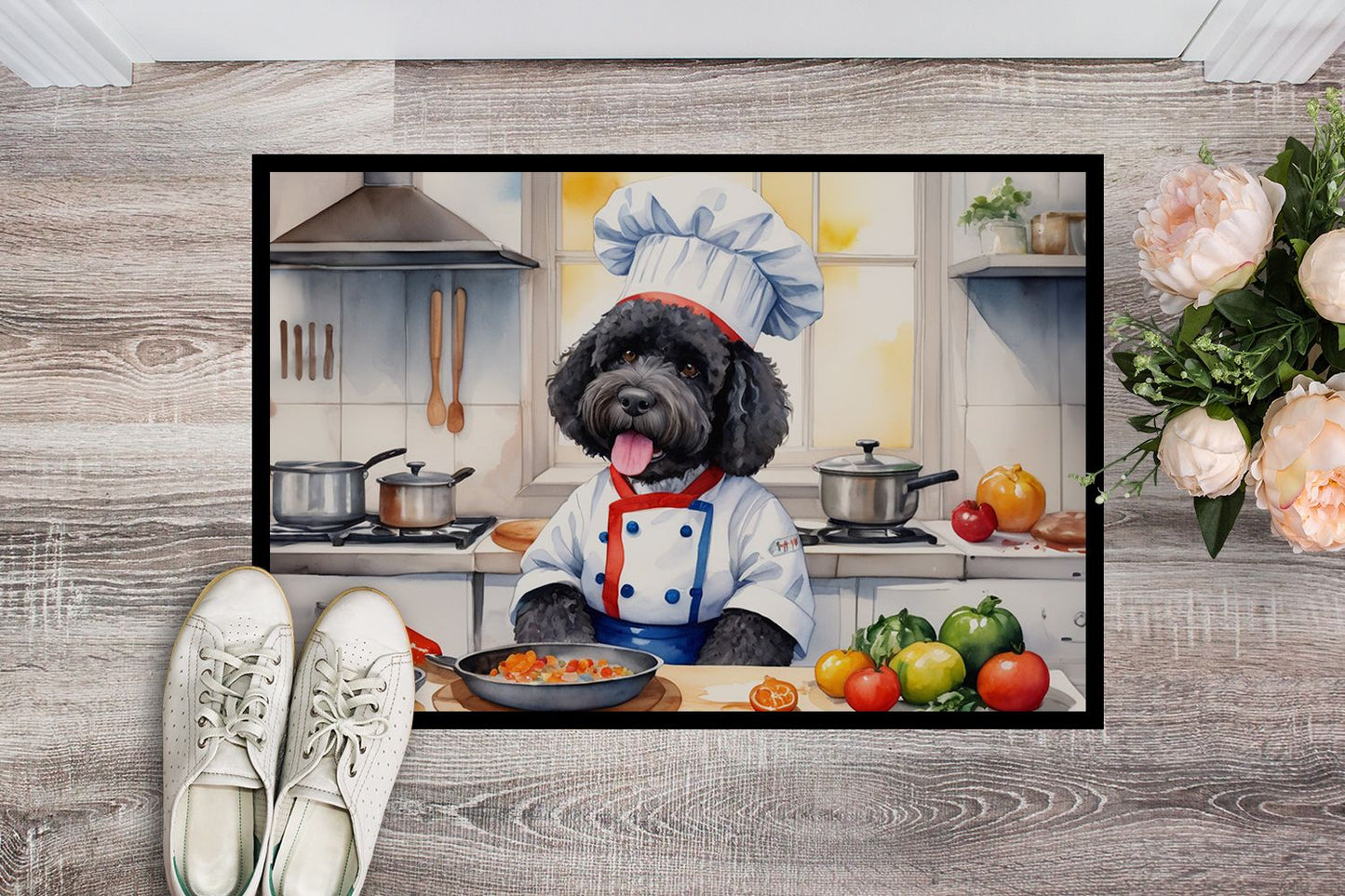 Portuguese Water Dog The Chef Doormat Front Door Mat Indoor Outdoor Rugs for Entryway, Non Slip Washable Low Pile, 24H X 36W