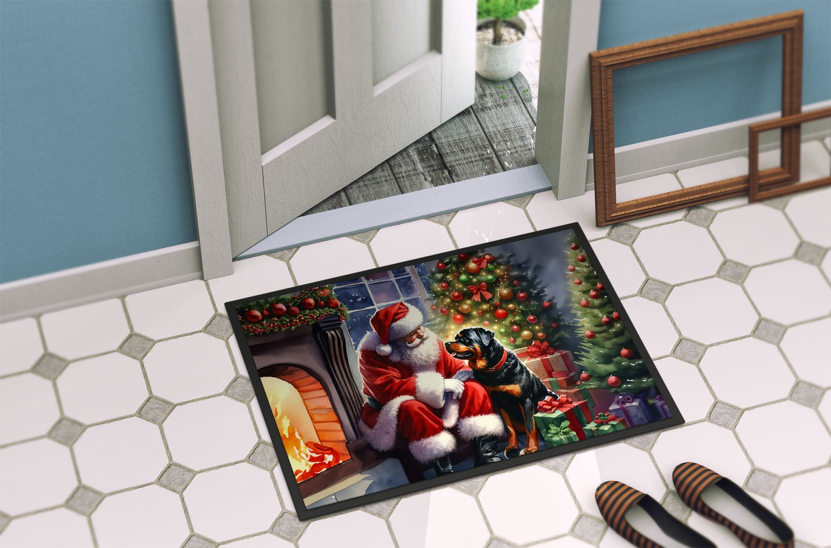 NEW Rottweiler and Santa Claus Doormat Front Door Mat Indoor Outdoor Rugs for Entryway, Non Slip Washable Low Pile, 18H X 27W