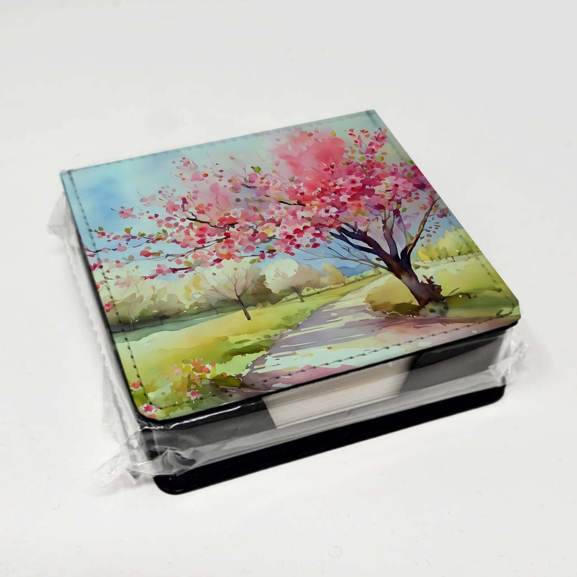 Michigan Apple Blossoms in Watercolor PU Leather Note Paper Holder with Artist-Designed Cover, Desk Accessory, Office Gift