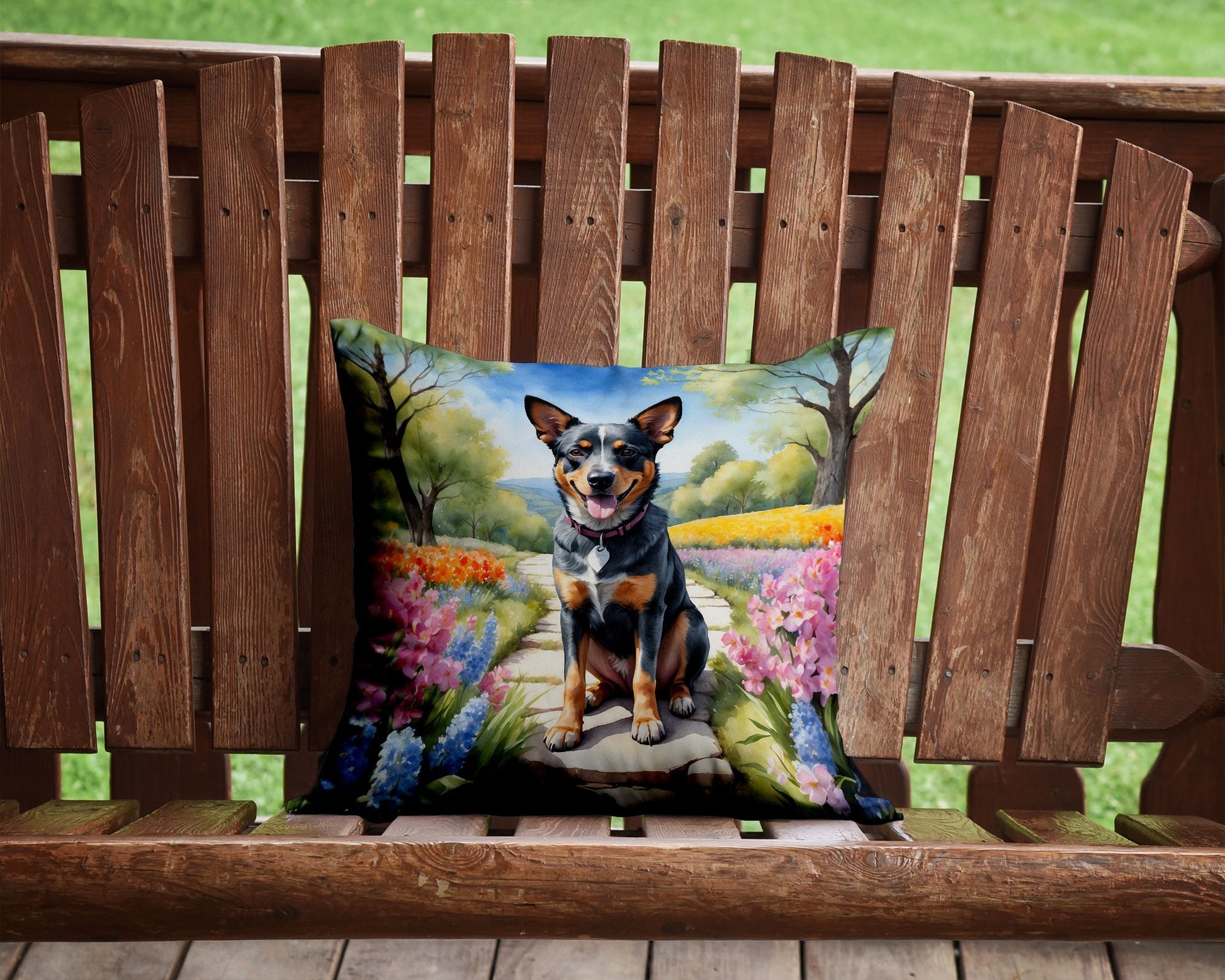 Australian Cattle Dog Spring Garden Throw Pillow Machine Washable, Indoor Outdoor Decorative Pillow for Couch, Bed or Patio, 14Hx14W