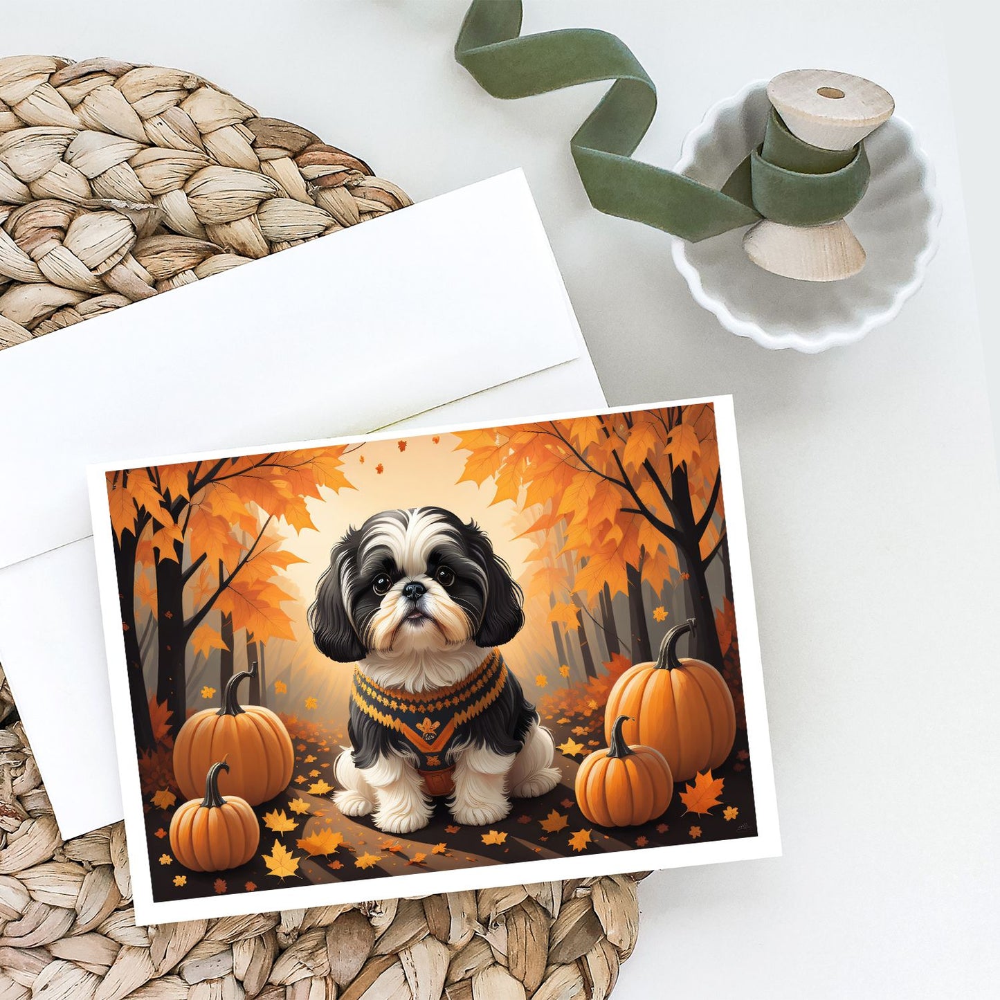 Shih Tzu Fall Greeting Cards Pack of 8 Blank Cards with Envelopes Whimsical A7 Size 5x7 Blank Note Cards