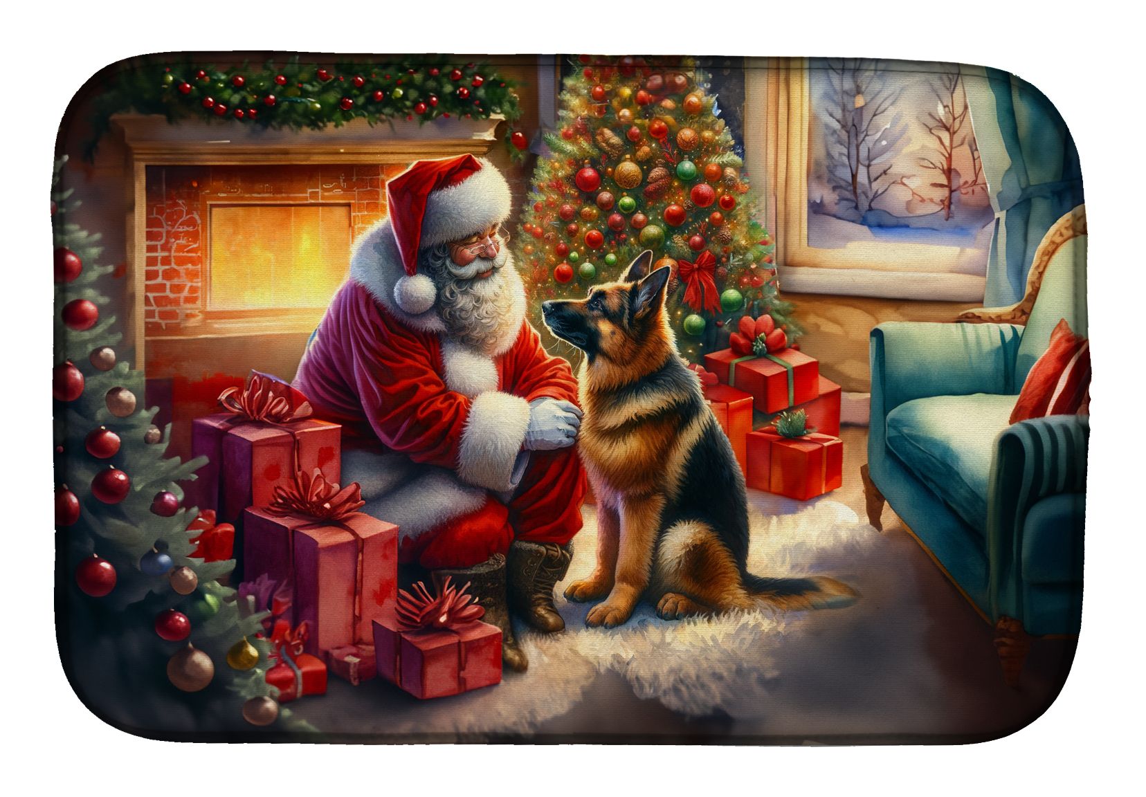 German Shepherd and Santa Claus Dish Drying Mat Absorbent Dish Drying Mat Pad for Kitchen Counter Dish Drainer Mat for Countertop, 14 x 21", Multicolor