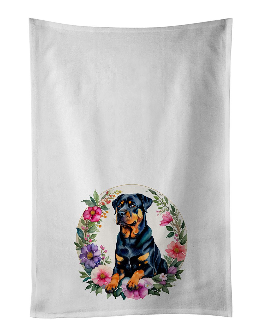 Rottweiler and Flowers Kitchen Towel Set of 2 White Dish Towels Decorative Bathroom Hand towel for Hand, Face, Hair, Yoga, Tea, Dishcloth, 19 X 28", White
