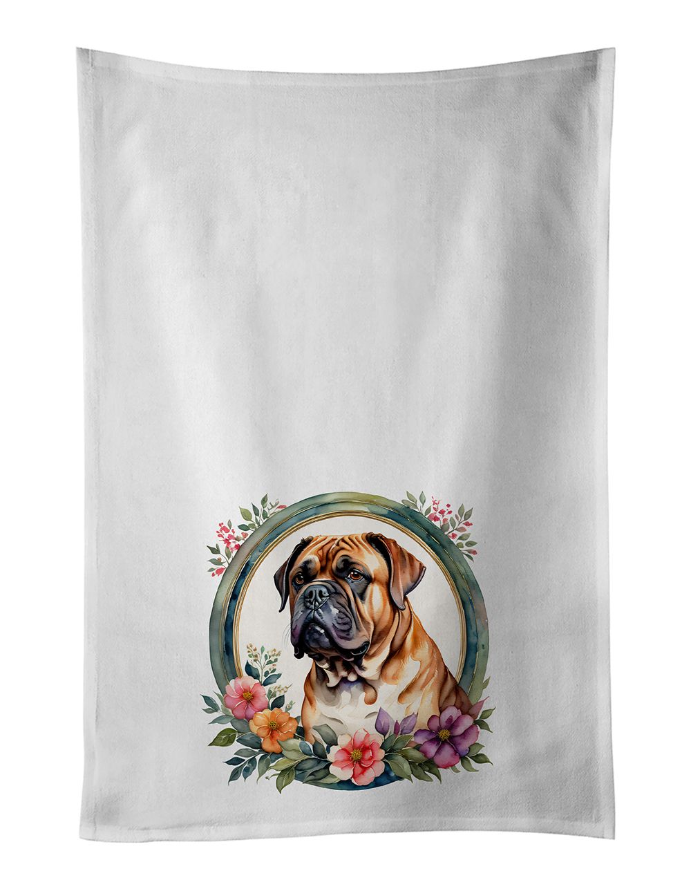 Dogue de Bordeaux and Flowers Kitchen Towel Set of 2 White Dish Towels Decorative Bathroom Hand towel for Hand, Face, Hair, Yoga, Tea, Dishcloth, 19 X 28", White