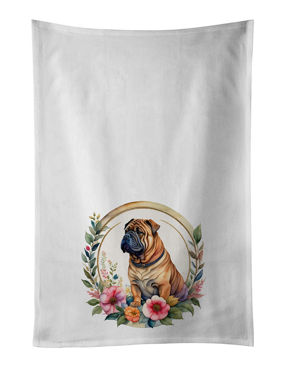 Shar Pei and Flowers Kitchen Towel Set of 2 White Dish Towels Decorative Bathroom Hand towel for Hand, Face, Hair, Yoga, Tea, Dishcloth, 19 X 28", White