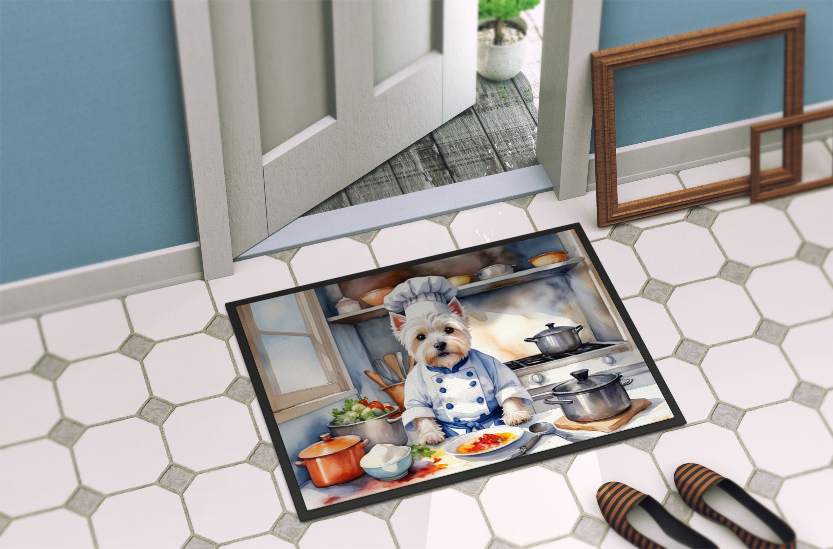 NEW Westie The Chef Doormat Front Door Mat Indoor Outdoor Rugs for Entryway, Non Slip Washable Low Pile, 18H X 27W