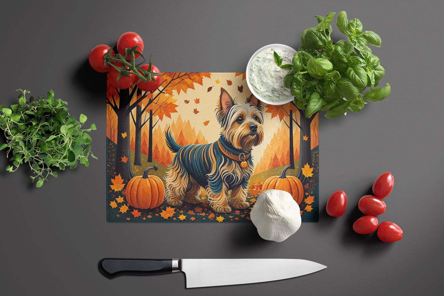 NEW Silky Terrier Fall Glass Cutting Board Decorative Tempered Glass Kitchen Cutting and Serving Board Large Size Chopping Board