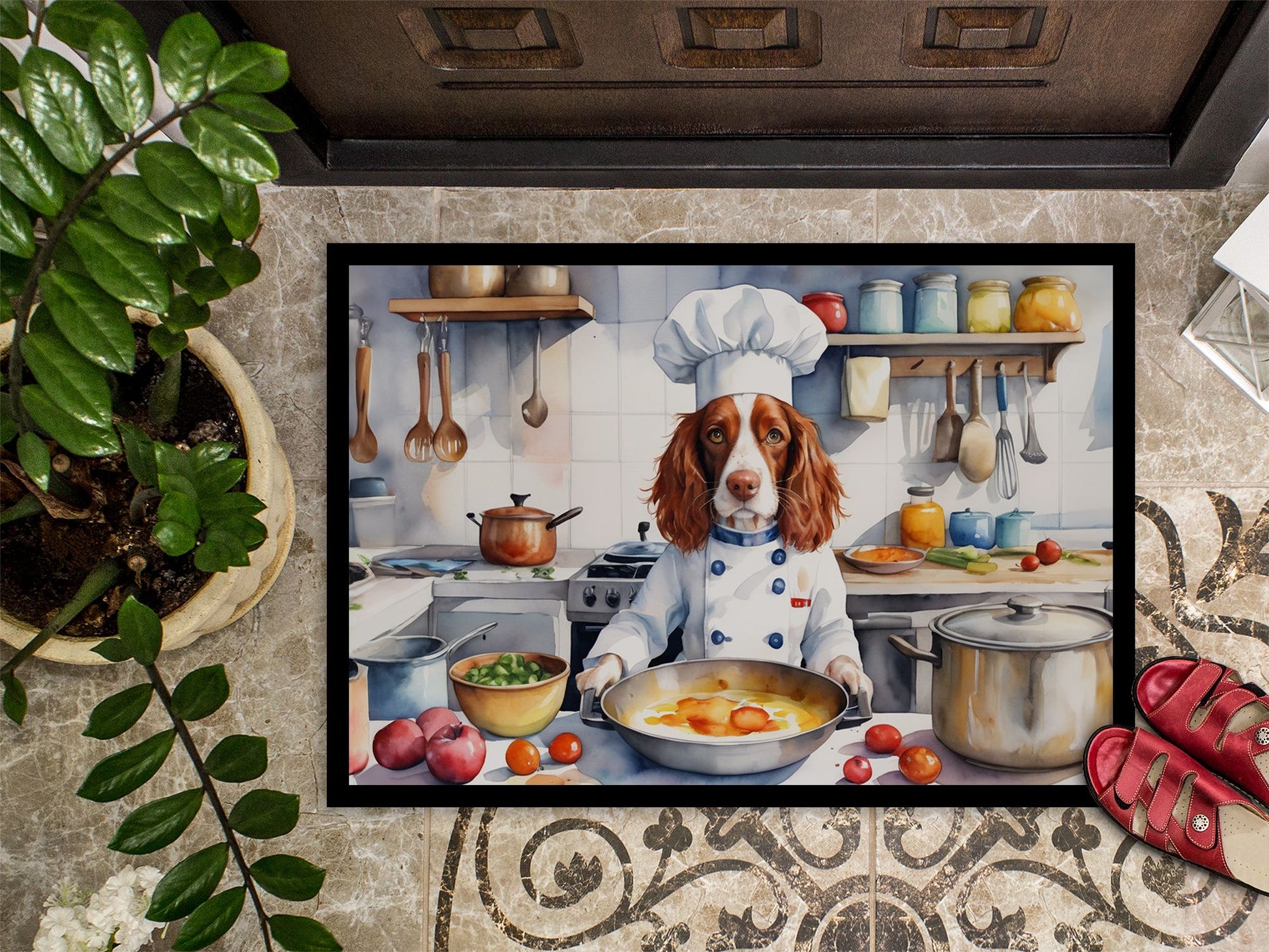 NEW Welsh Springer Spaniel The Chef Doormat Front Door Mat Indoor Outdoor Rugs for Entryway, Non Slip Washable Low Pile, 18H X 27W
