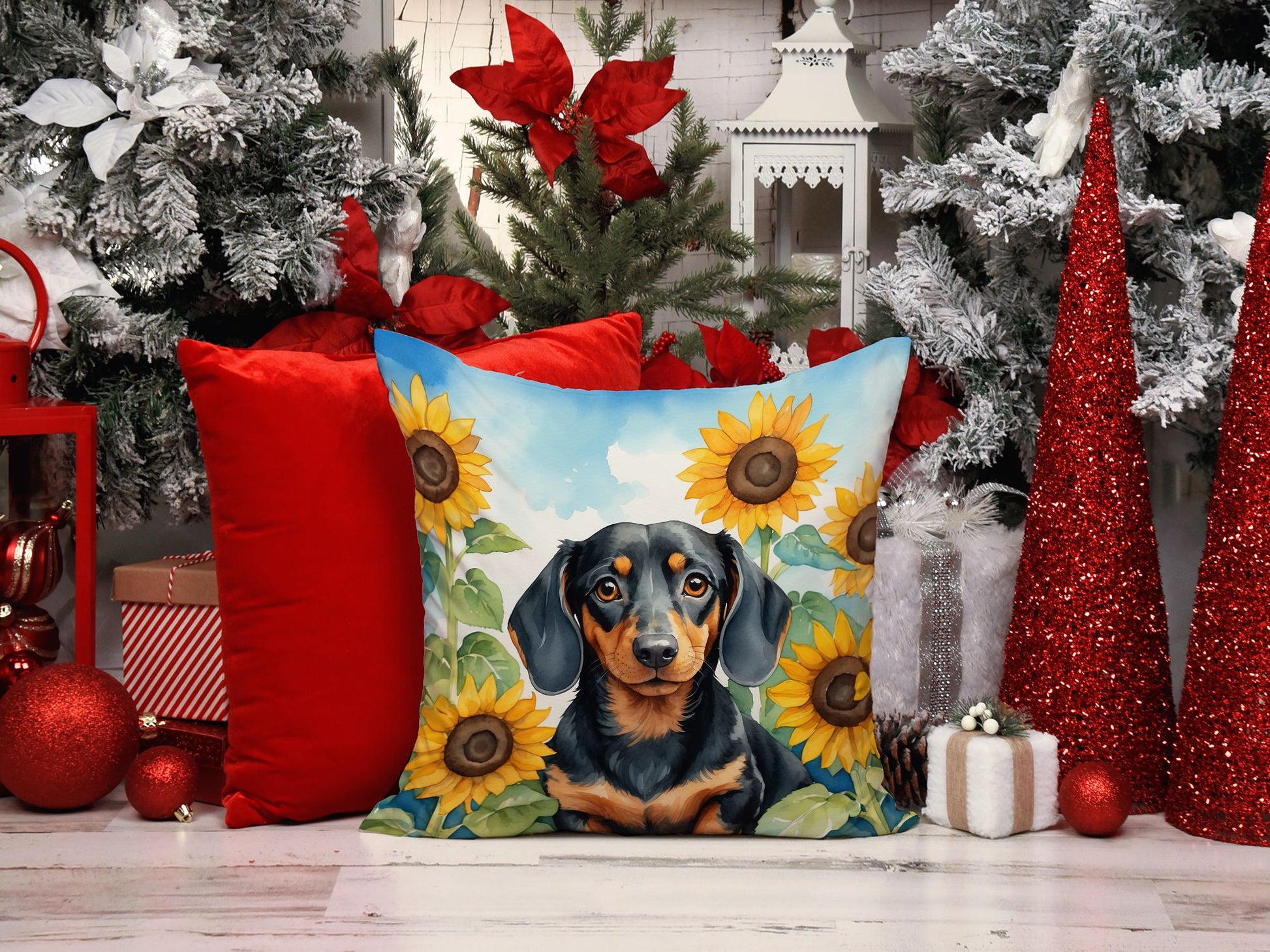 Dachshund in Sunflowers Throw Pillow Machine Washable, Indoor Outdoor Decorative Pillow for Couch, Bed or Patio, 14Hx14W