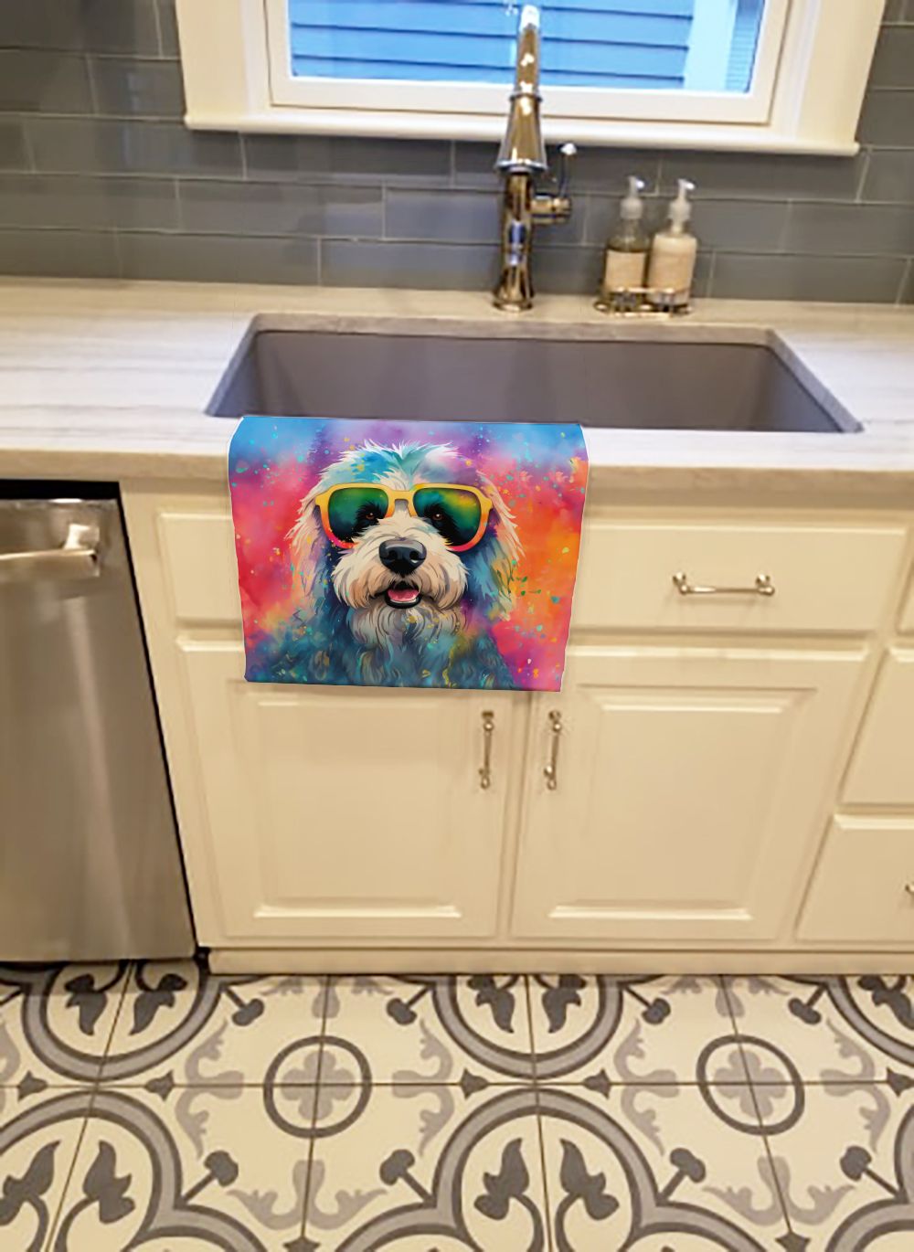 Old English Sheepdog Hippie Dawg Kitchen Towel Dish Cloths Guest Hand Towel Decorative Bathroom Towel for Face,Tea, Dishcloth, Kitchen and Bath