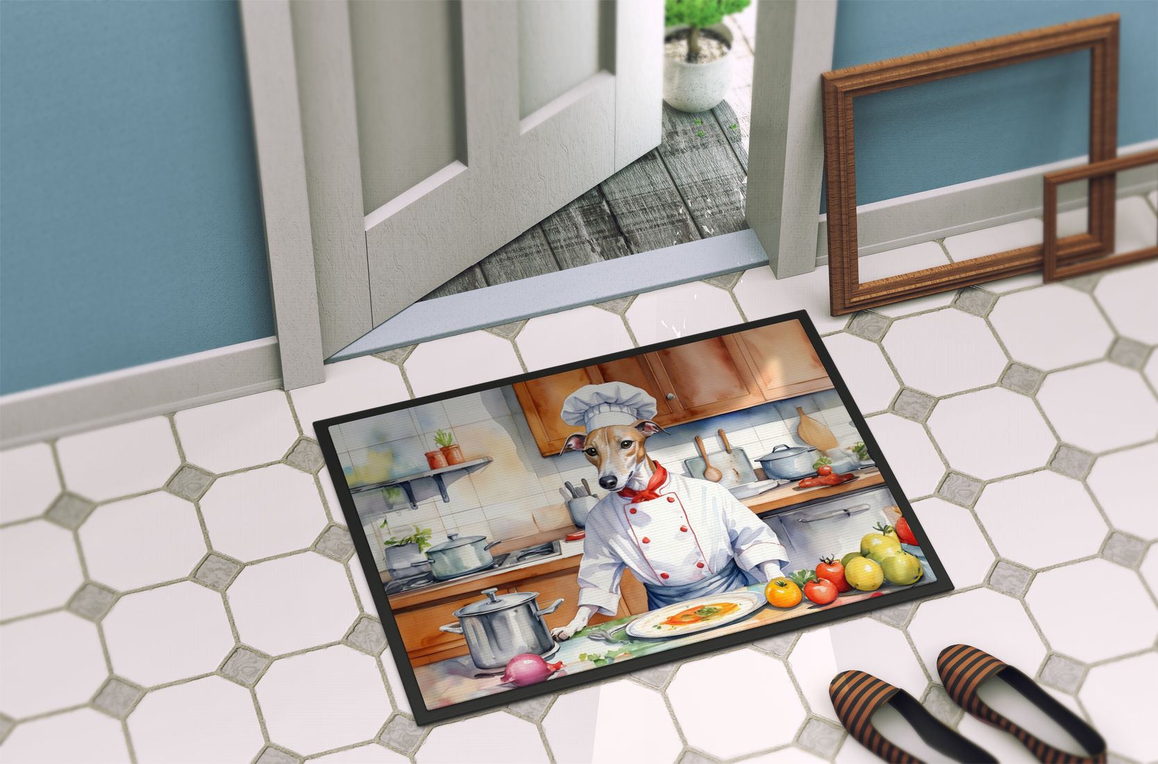 NEW Whippet The Chef Doormat Front Door Mat Indoor Outdoor Rugs for Entryway, Non Slip Washable Low Pile, 18H X 27W