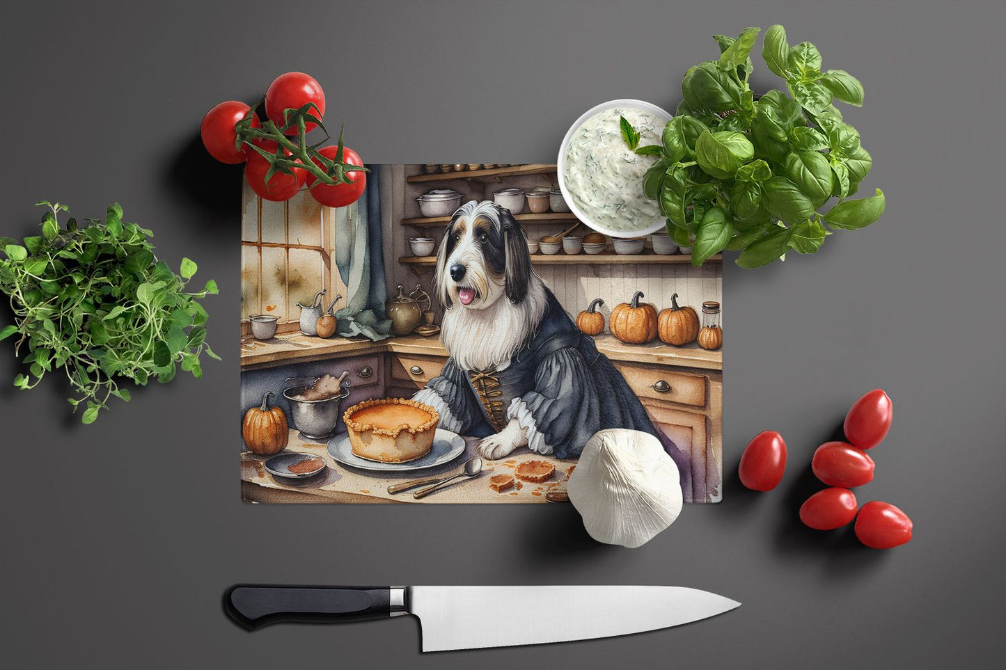 NEW Bearded Collie Fall Kitchen Pumpkins Glass Cutting Board Decorative Tempered Glass Kitchen Cutting and Serving Board Large Size Chopping Board