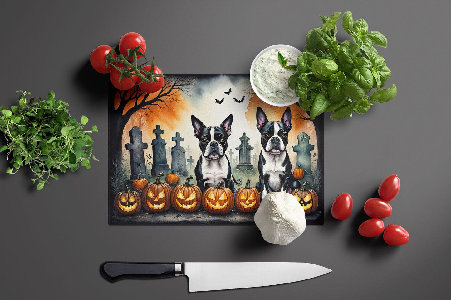 NEW Boston Terrier Spooky Halloween Glass Cutting Board Decorative Tempered Glass Kitchen Cutting and Serving Board Large Size Chopping Board