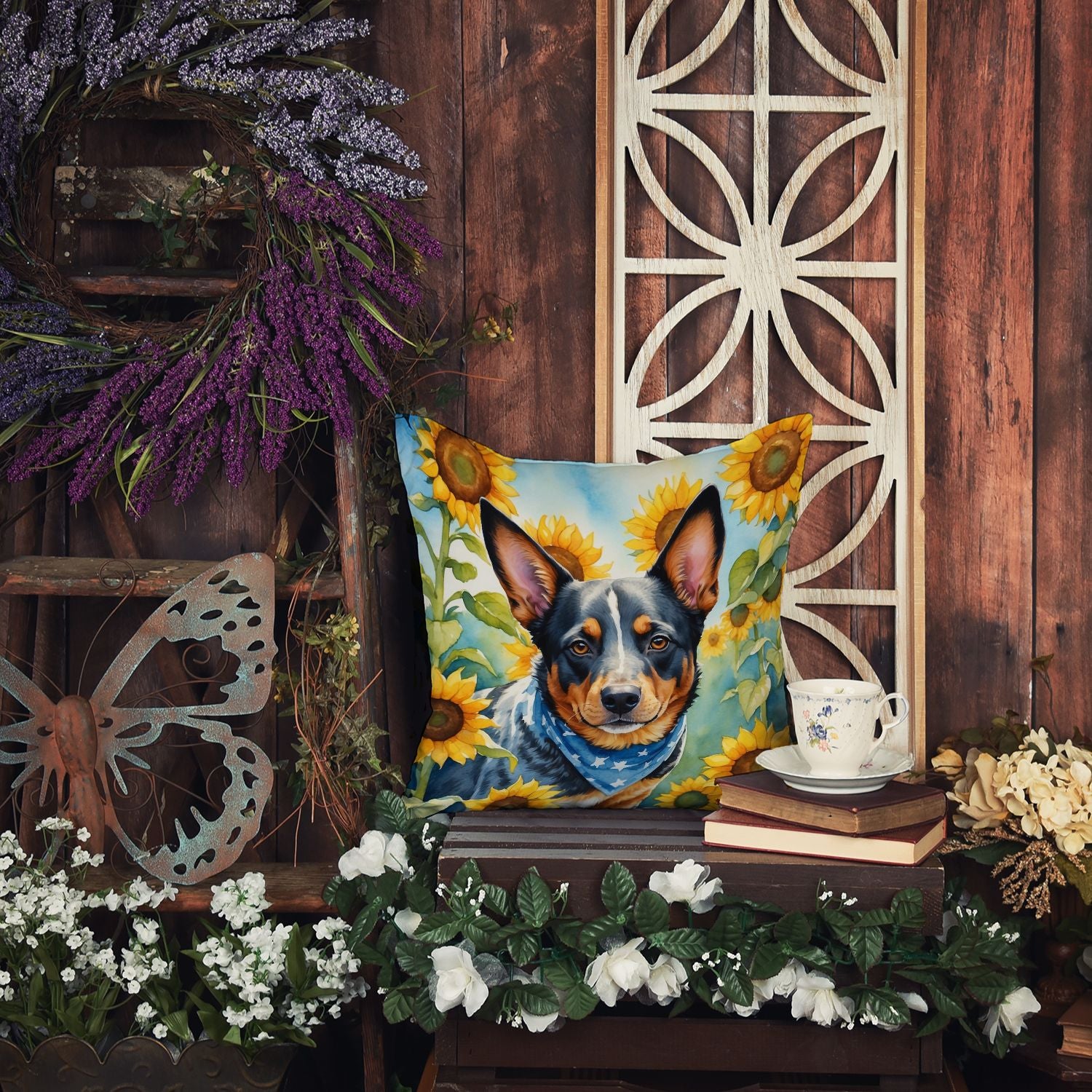 Australian Cattle Dog in Sunflowers Throw Pillow Machine Washable, Indoor Outdoor Decorative Pillow for Couch, Bed or Patio, 14Hx14W