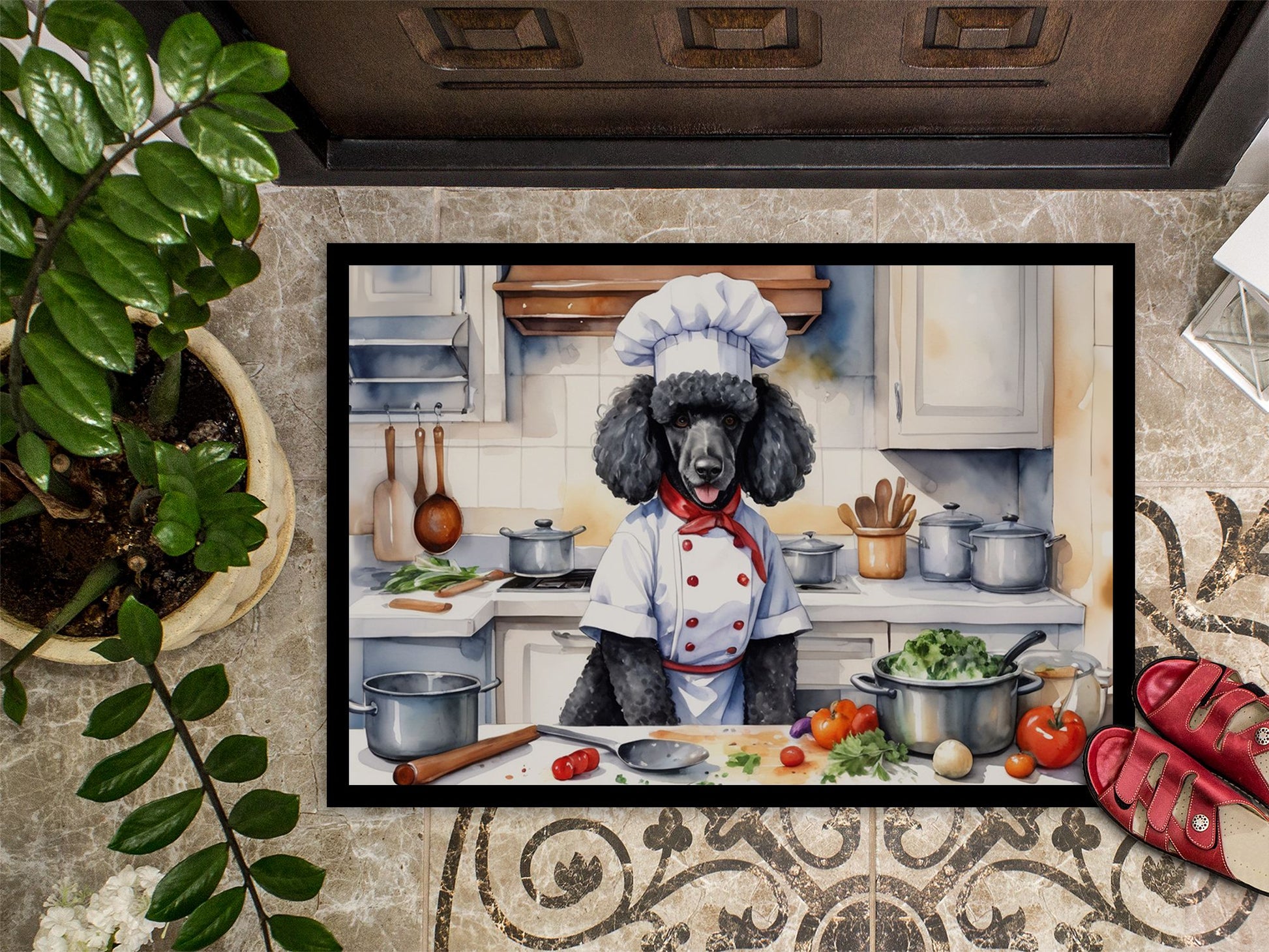 Black Poodle The Chef Doormat Front Door Mat Indoor Outdoor Rugs for Entryway, Non Slip Washable Low Pile, 24H X 36W